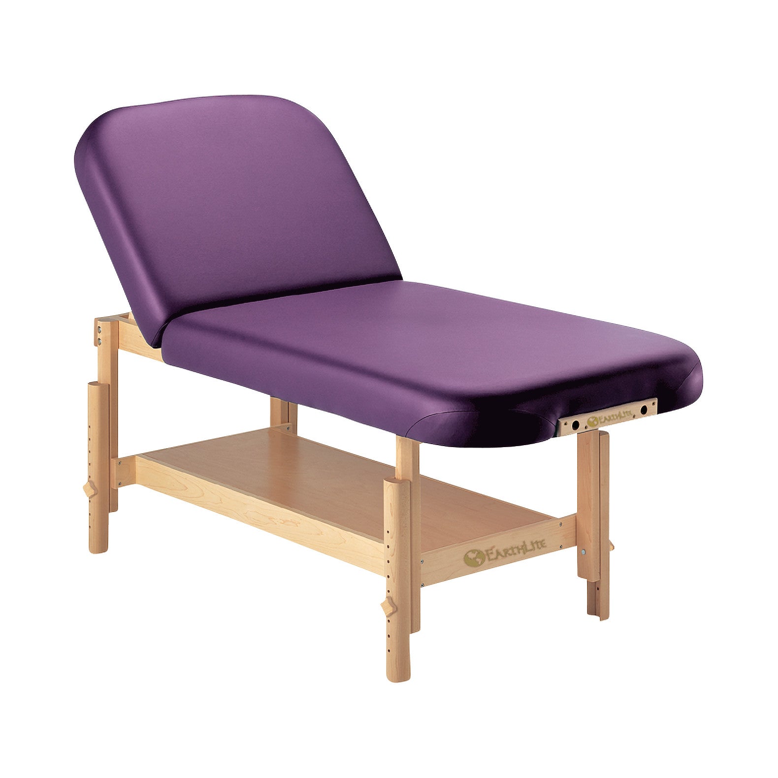 EarthLite Sedona Tilt Stationary Massage Table with a purple cushion, wooden frame, adjustable headrest, and a storage shelf.