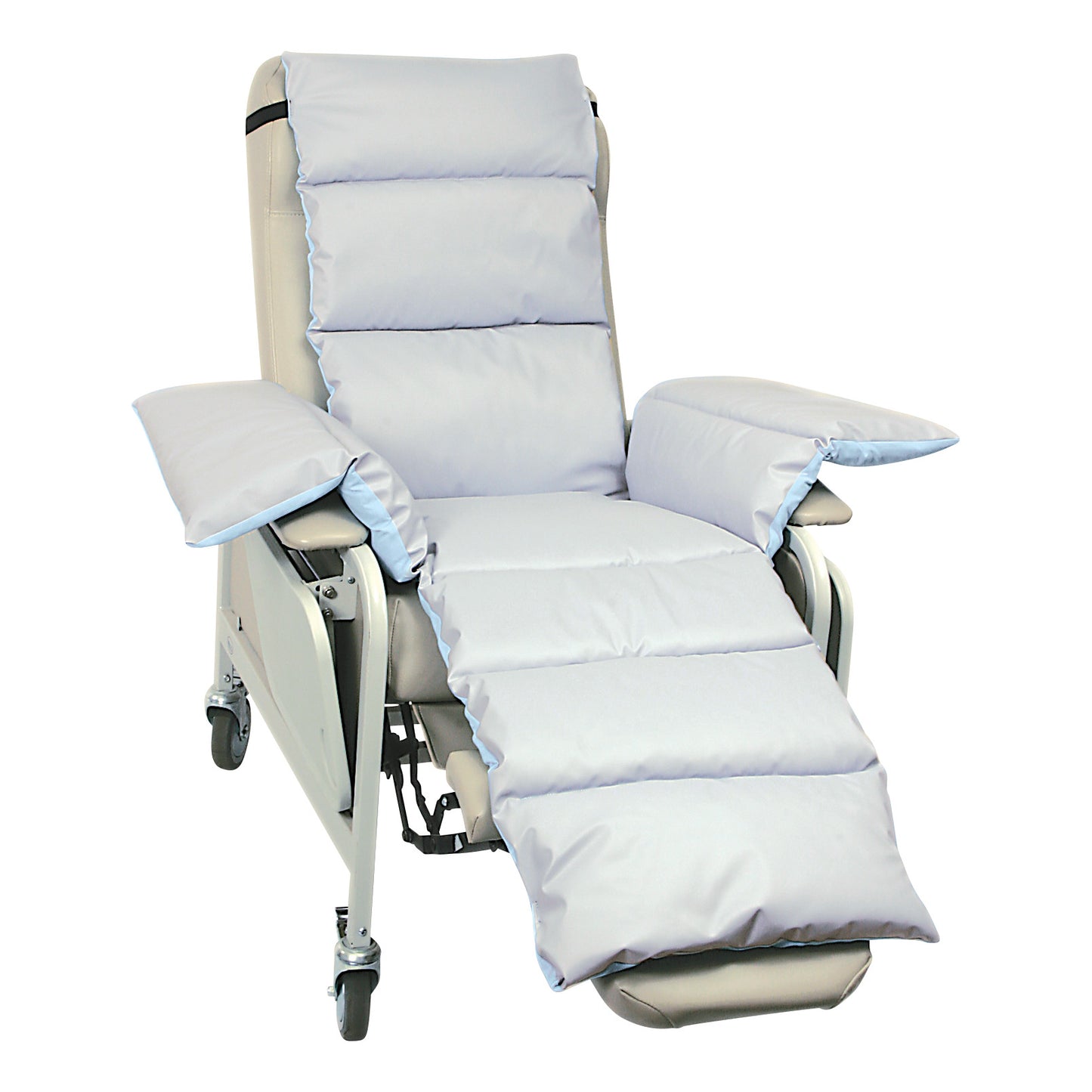 AliMed Geri-Chair Comfort Seat with light blue padding over a reclining chair on wheels, featuring adjustable arm and footrests.