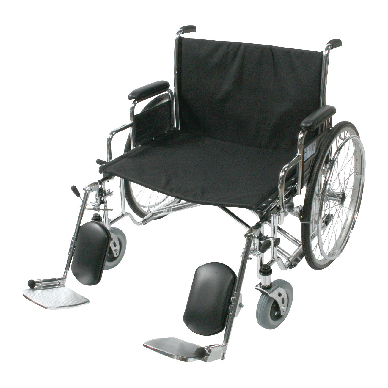 Optional Elevating Leg Rest for Drive Medical Sentra EC Heavy-Duty Extra-Wide Wheelchair with black seat and chrome frame.