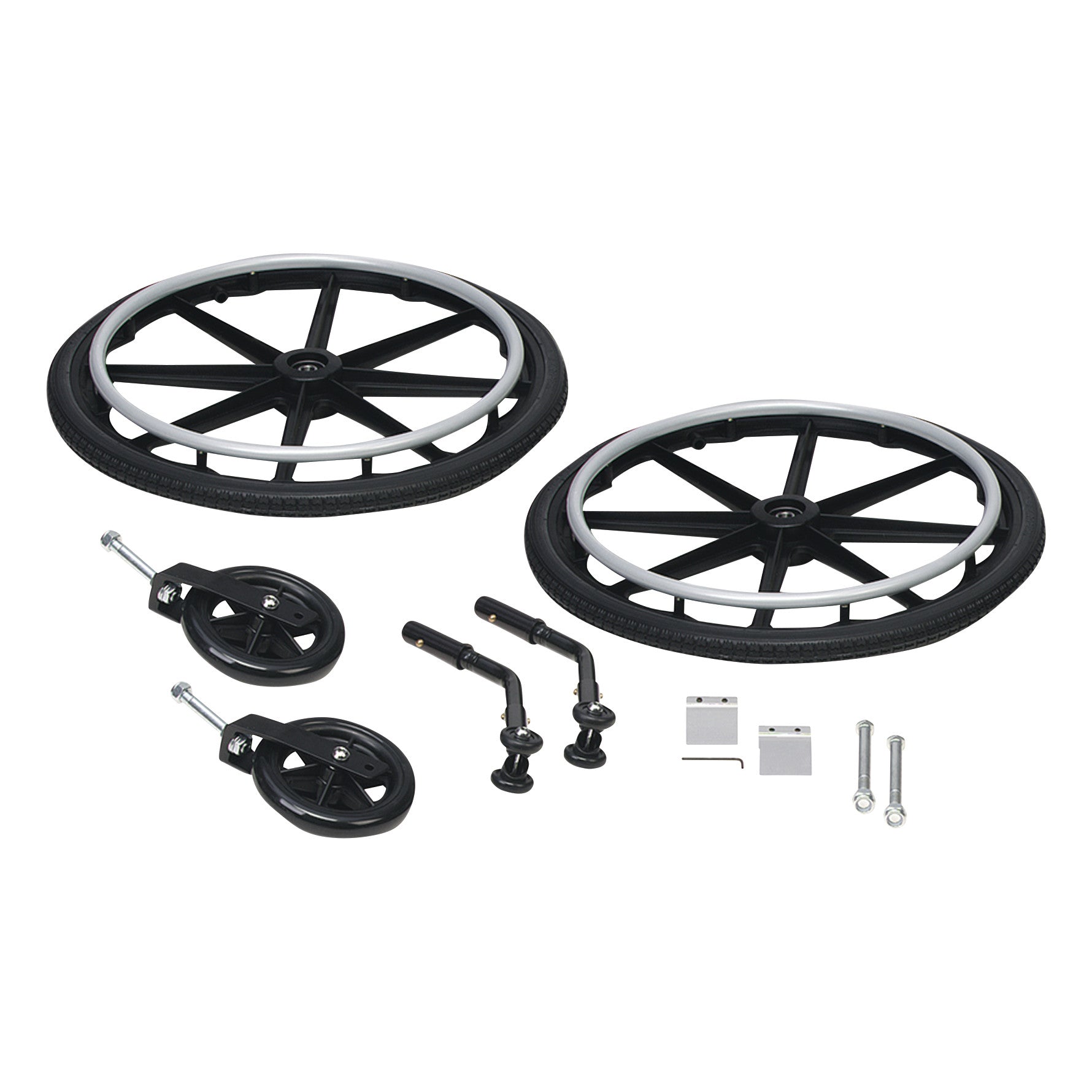 Drive Medical Viper Super Hemi Kit with two large wheels, two small wheels, axles, and hardware for wheelchair assembly.