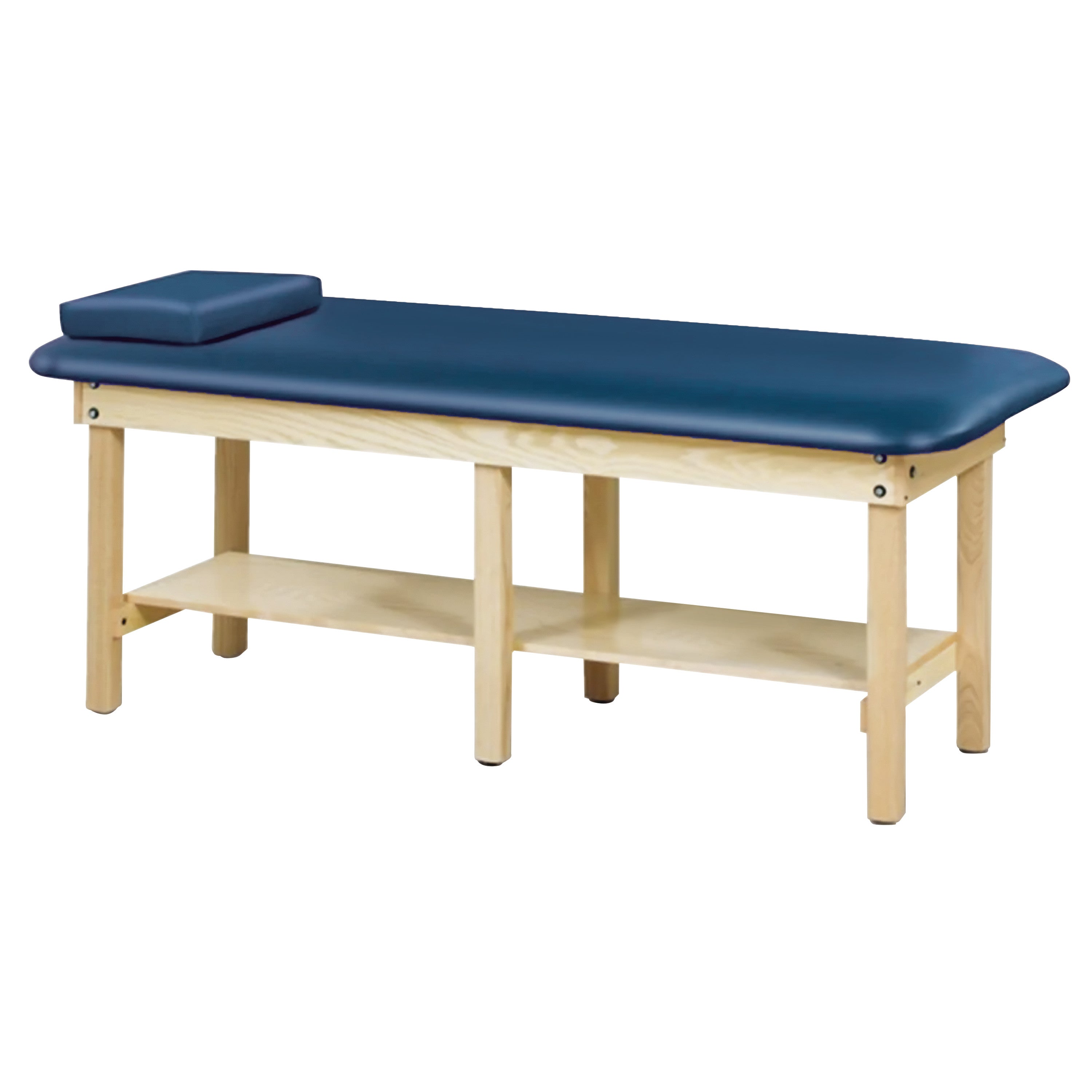 Clinton Bariatric Treatment Table with a blue cushioned top, a matching pillow, wooden legs, and an integrated lower shelf.