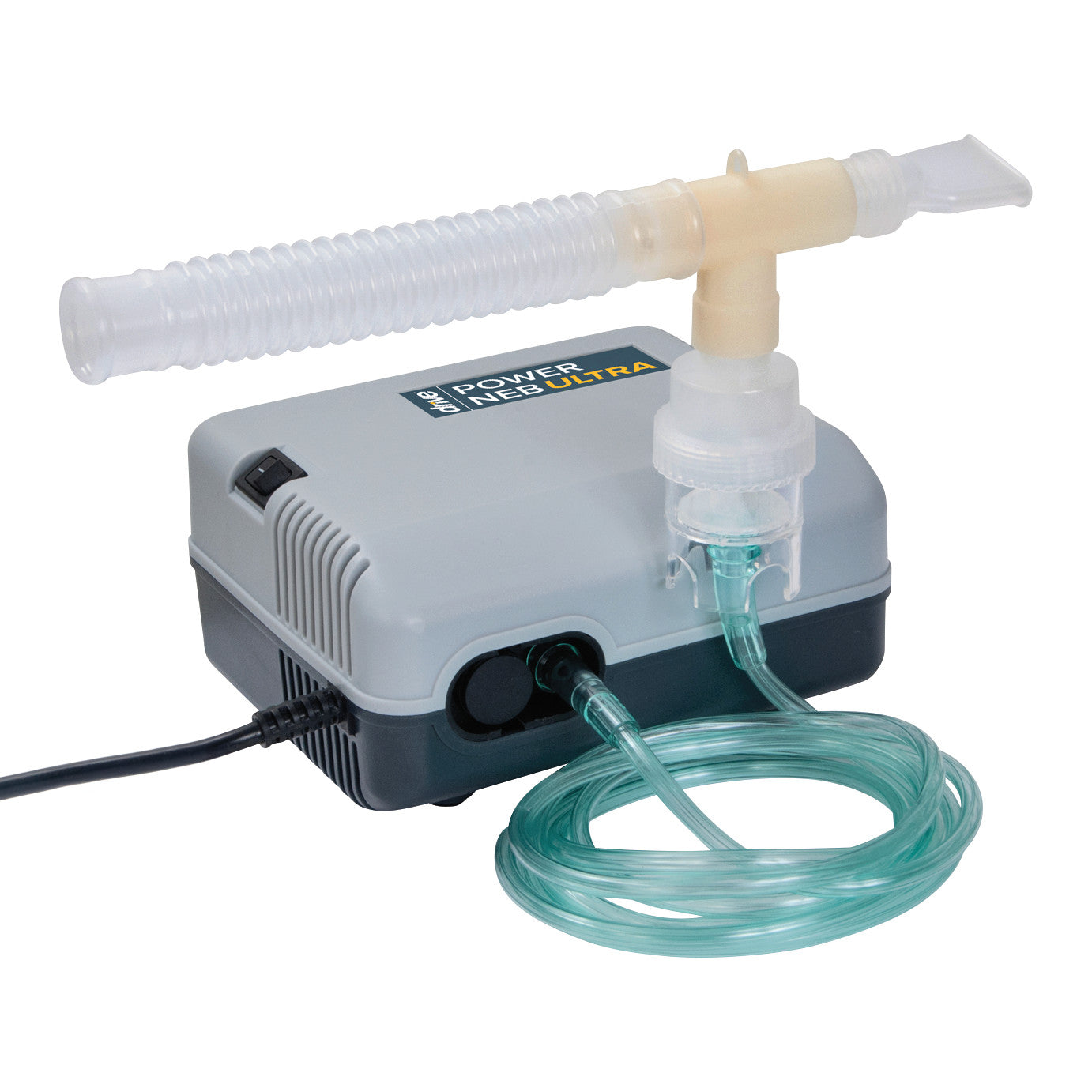 Drive Medical Power Neb Ultra Nebulizer with a gray compressor, clear tubing, and a beige mouthpiece attached.