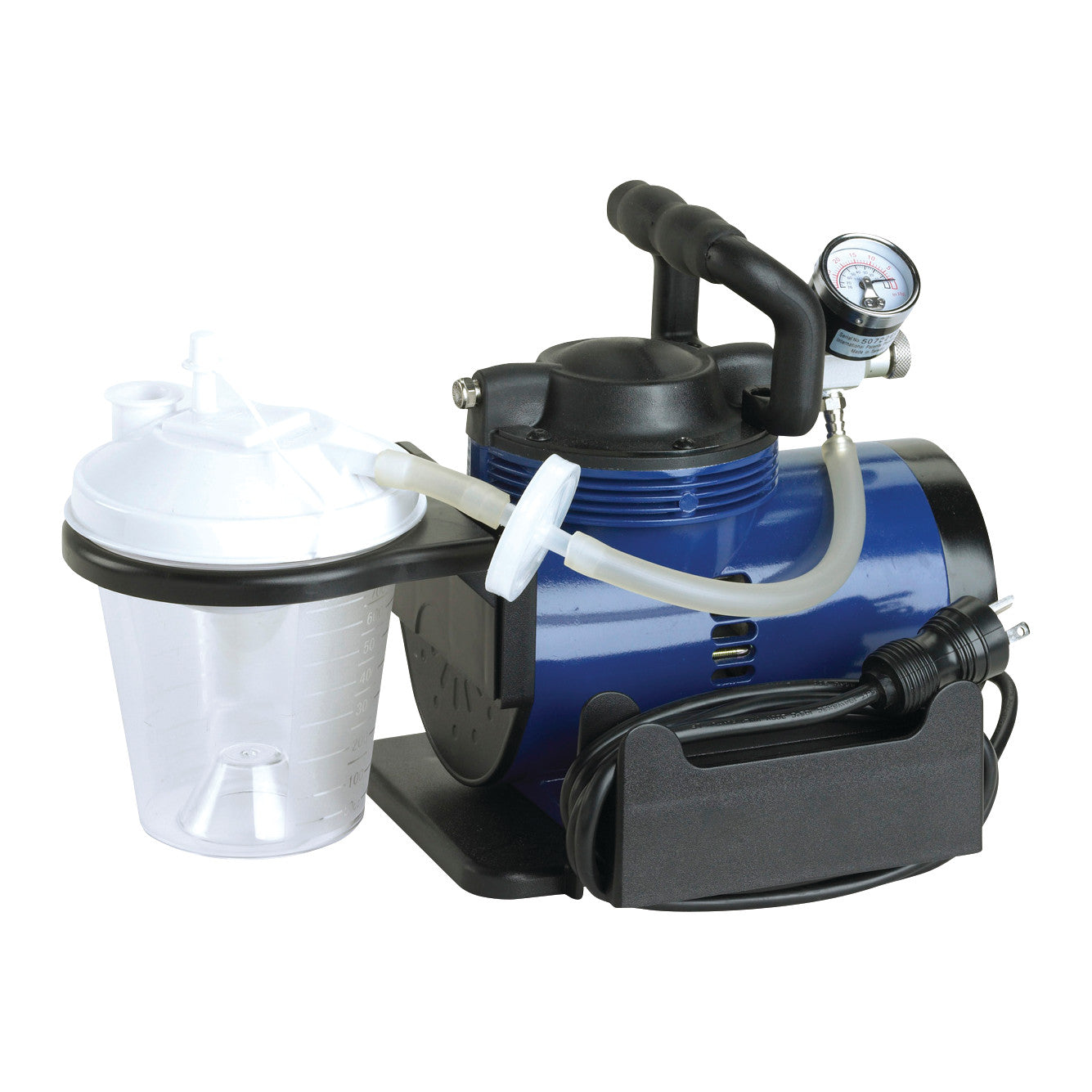Drive Medical Heavy-Duty Suction Machine with a blue body, white canister, pressure gauge, and power cord neatly coiled.
