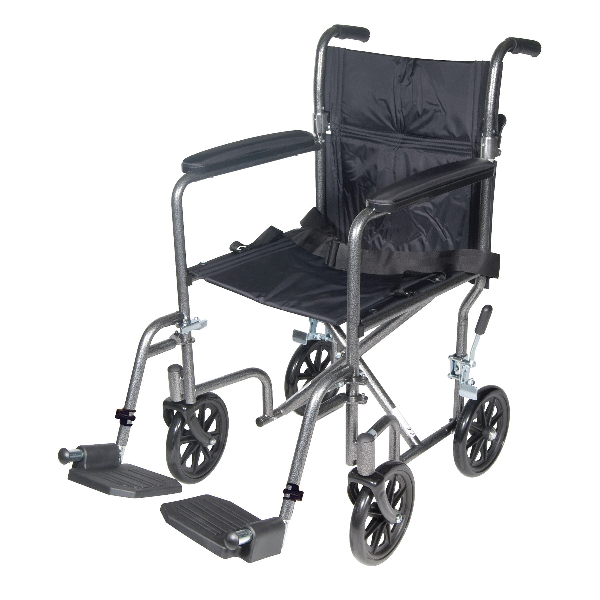 Drive Medical Steel Transport Chair with a black fabric seat and backrest, four small wheels, armrests, and footrests.