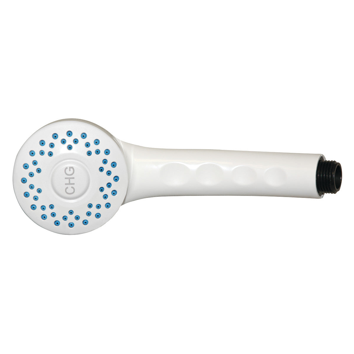 The Encore SaniShower Eco-Friendly Hand Shower is white with blue nozzles and a label "CHG," featuring a grooved handle.