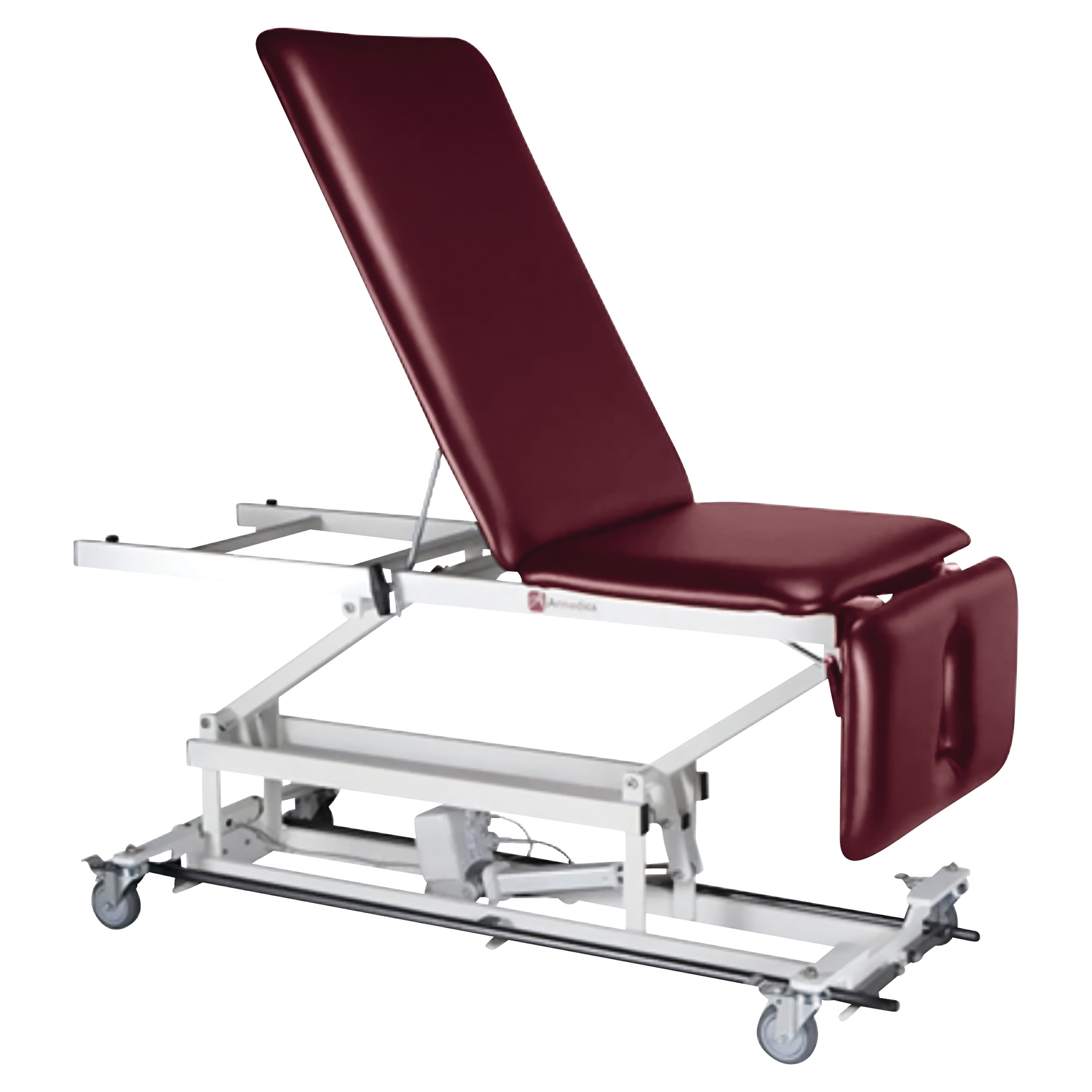 Armedica AM-BA350 Treatment Table with maroon upholstery, adjustable backrest, and casters for easy mobility.