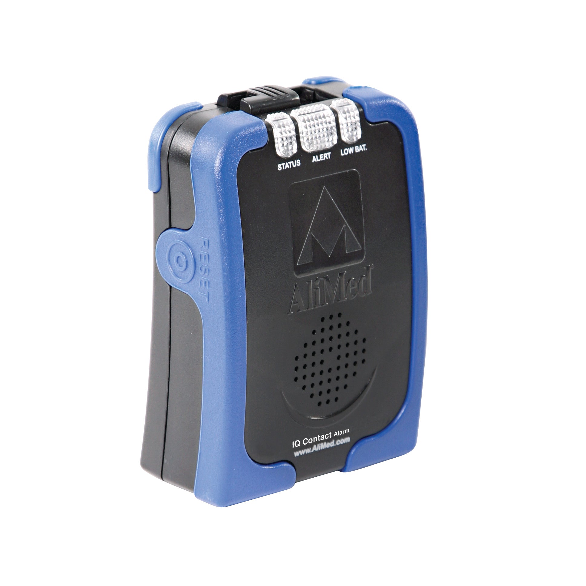 The AliMed IQ Contact Alarm is a black and blue electronic device with buttons labeled Status, Alert, and Low Bat and a reset switch.