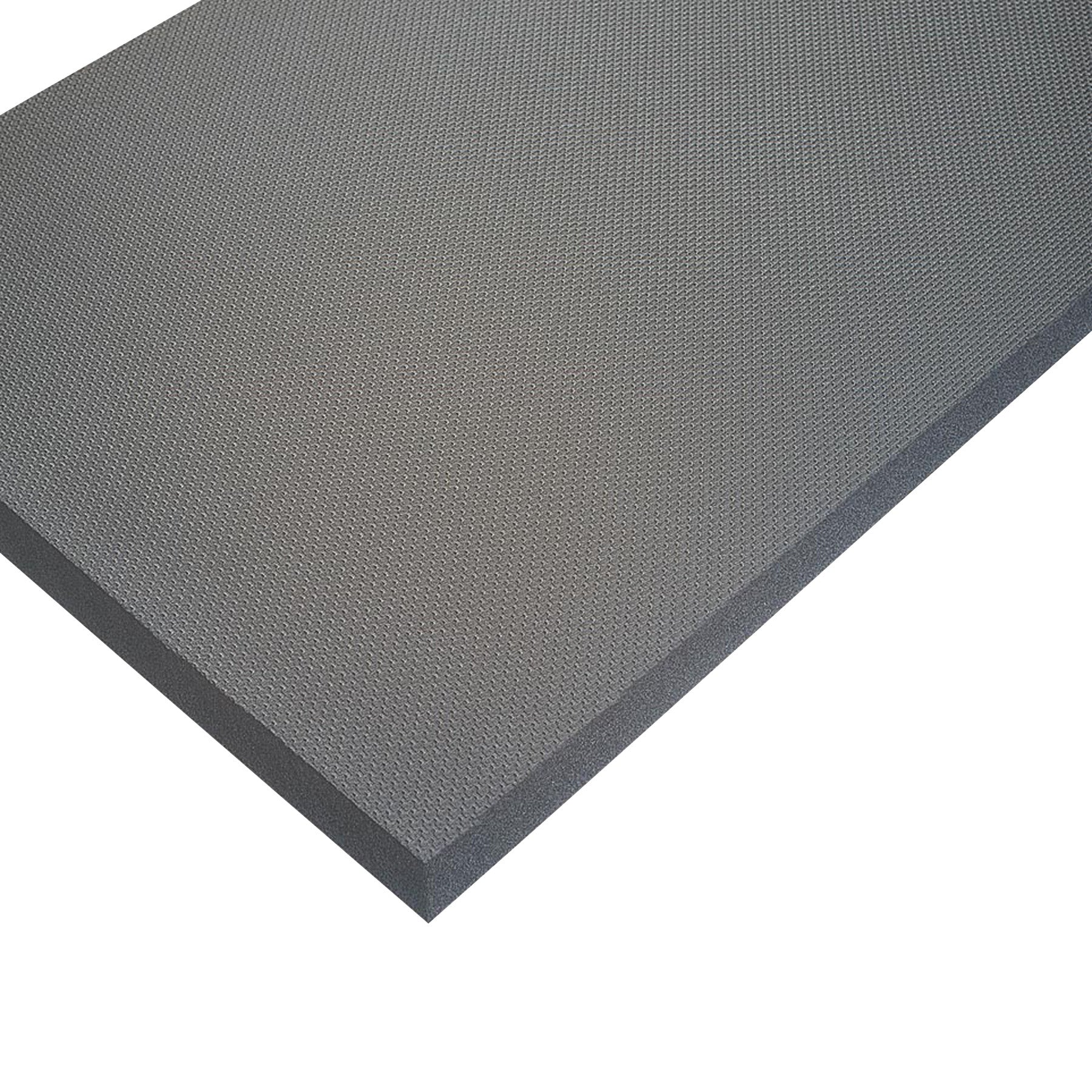 A gray Superfoam Anti-Fatigue Mat with a textured surface is shown, featuring a rectangular shape and thick padding.