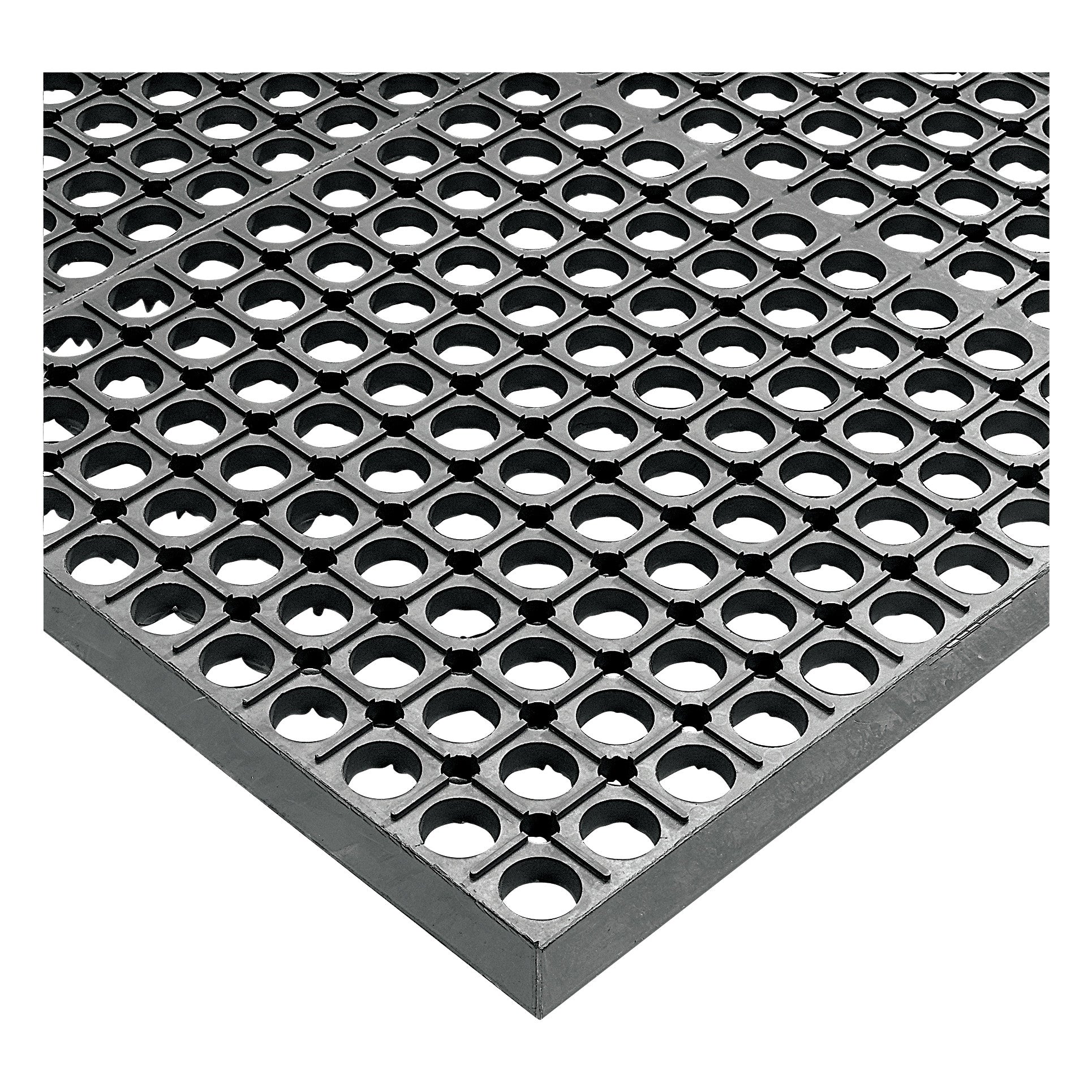 The Wearwell WorkRite Anti-Fatigue Mat features a black grid design with circular holes, providing cushioning and traction.