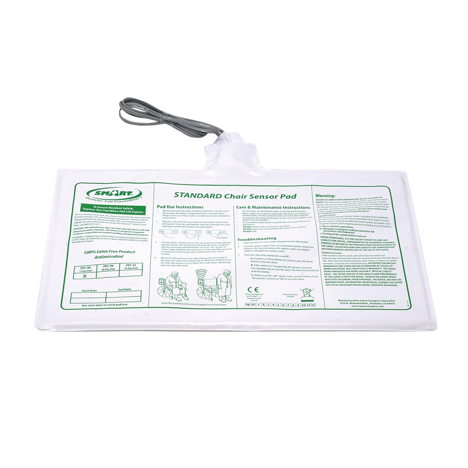 Smart Caregiver Corded Chair Sensor Pad with printed instructions, connected by a cord, used for monitoring chair occupancy.