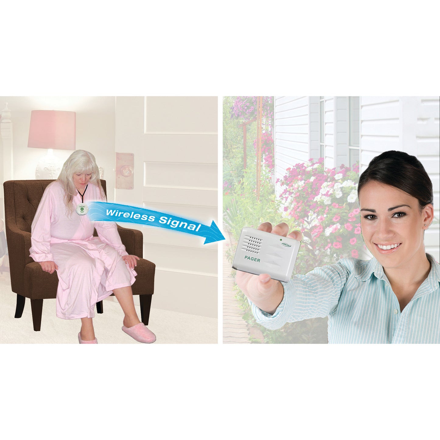 An elderly woman wearing a fall monitor sits in a chair, sending a wireless signal to a woman holding the Smart Caregiver Wireless Personal Pager System.