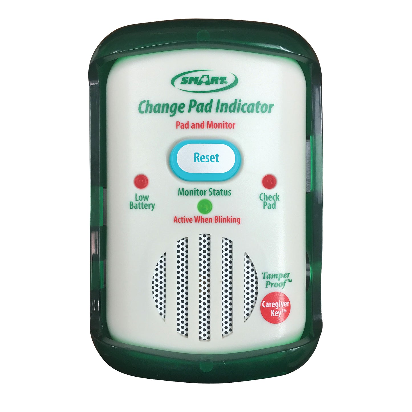 The Smart Caregiver Change Pad Indicator Monitor, with reset button and alert lights for low battery, monitor status, and check pad.