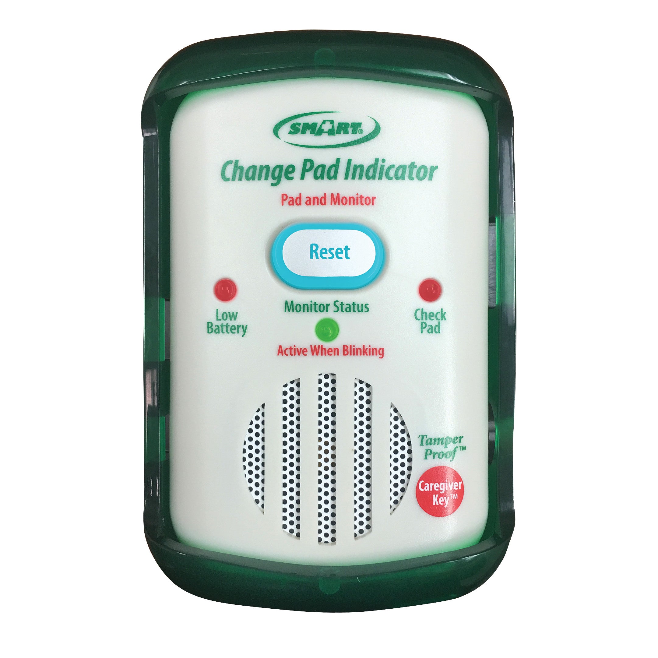 The Smart Caregiver Change Pad Indicator Monitor, with reset button and alert lights for low battery, monitor status, and check pad.