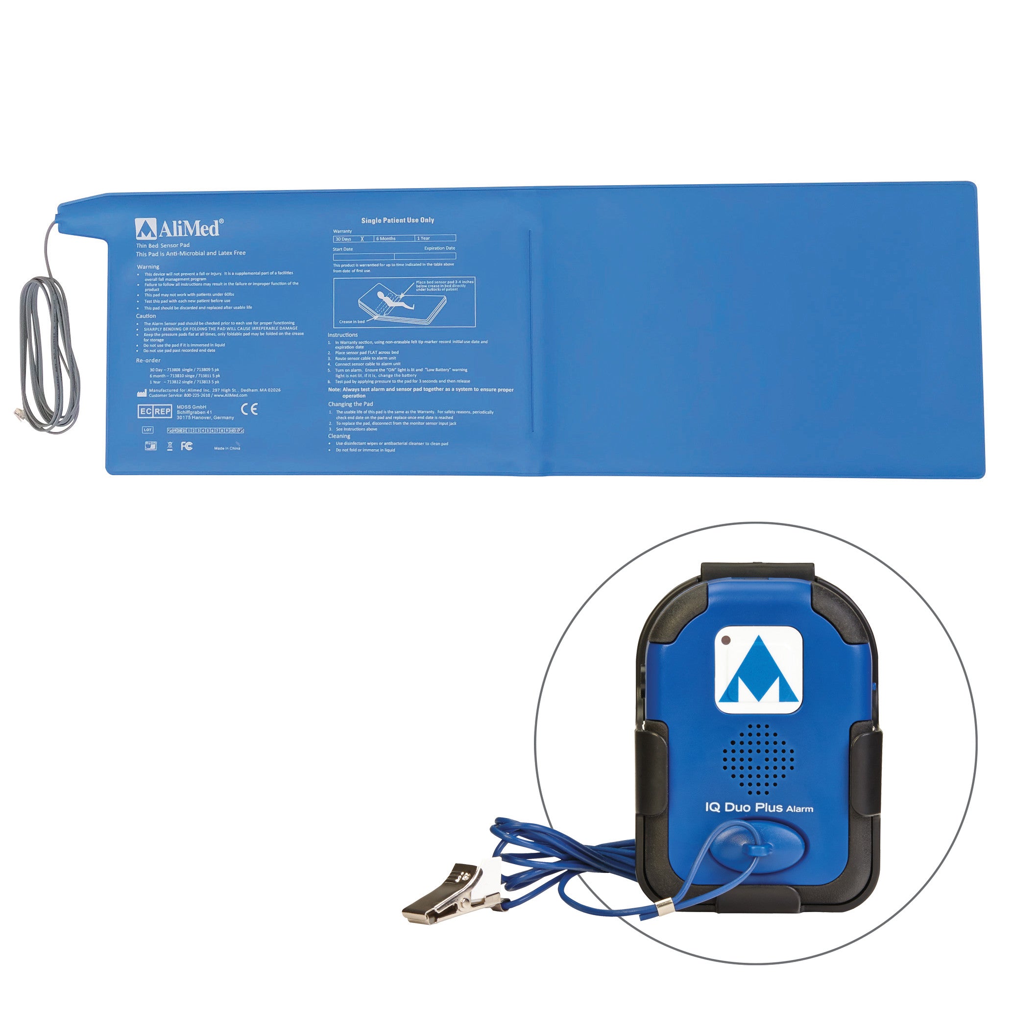 AliMed IQ Duo Plus Alarm with Bed Sensor Pad includes a blue sensor pad with instructions and a connected alarm device with clip.