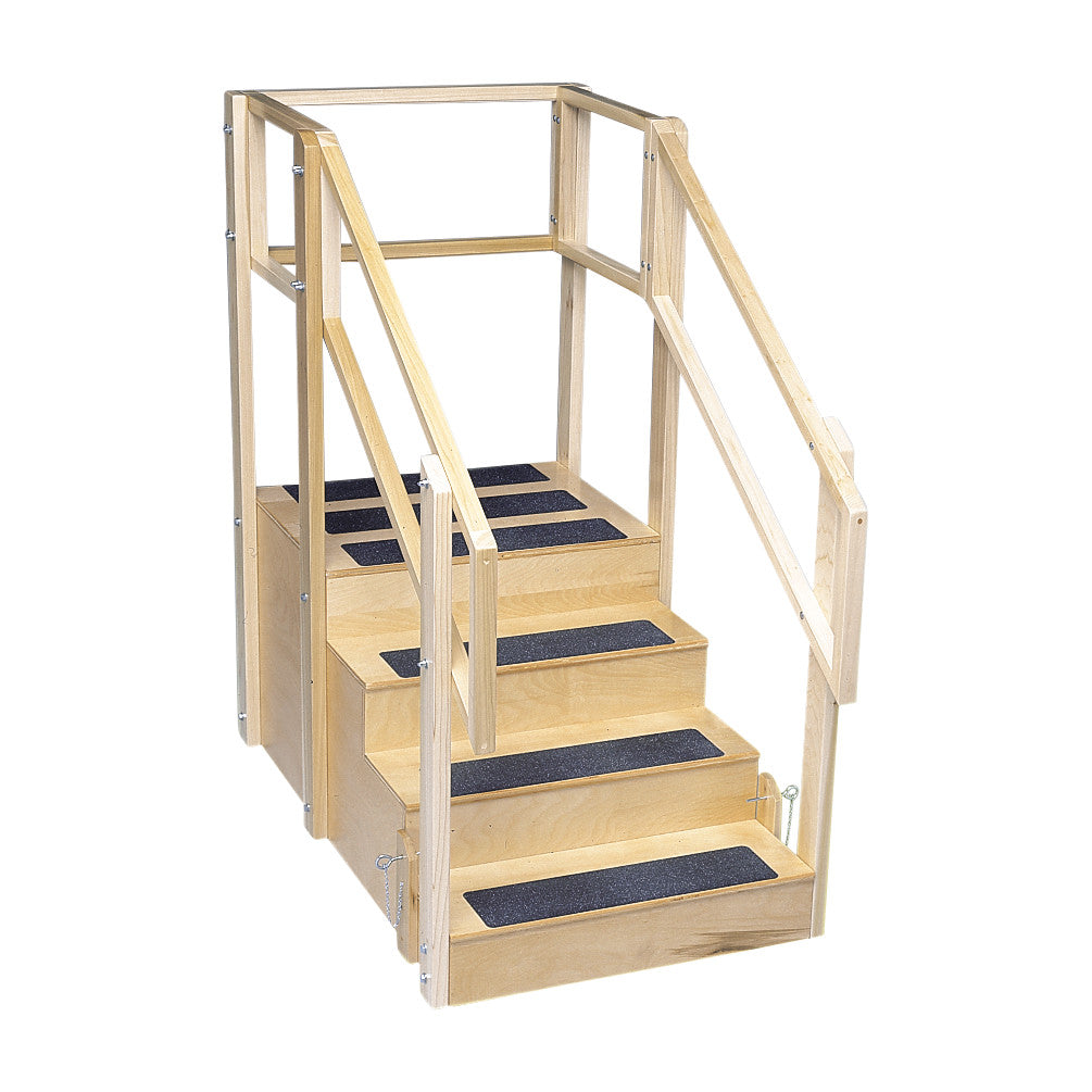 The Bailey Enclosed Training Stairs feature five wooden steps with black non-slip surfaces and side railings for support.