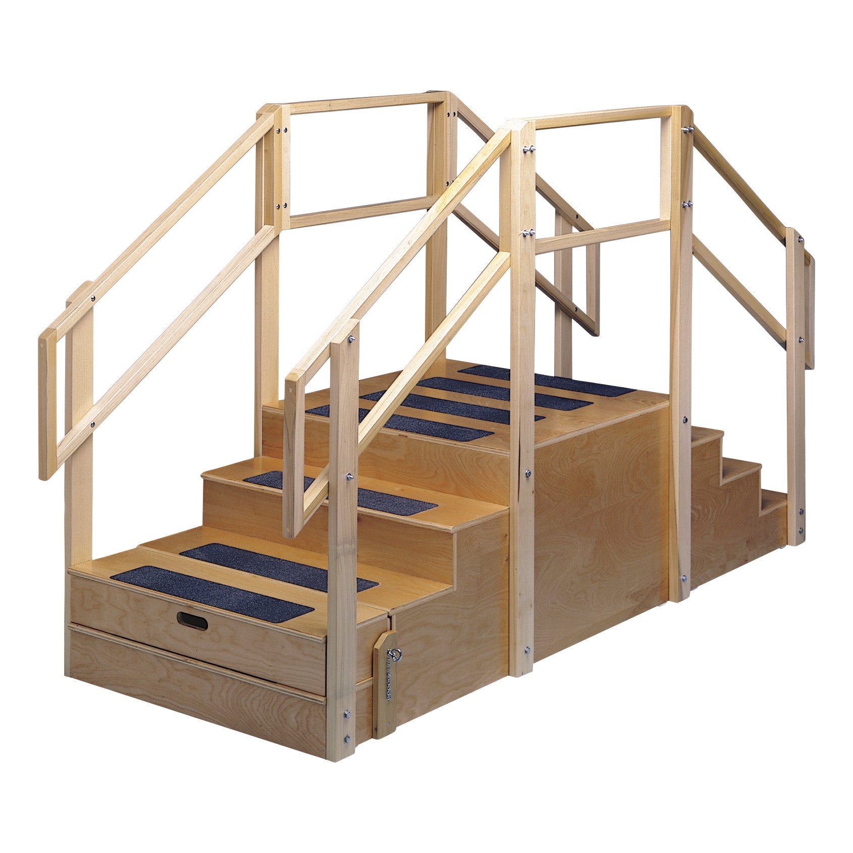 Bailey Straight Training Stairs with a dual stair setup and wooden handrails, featuring non-slip strips on each step.