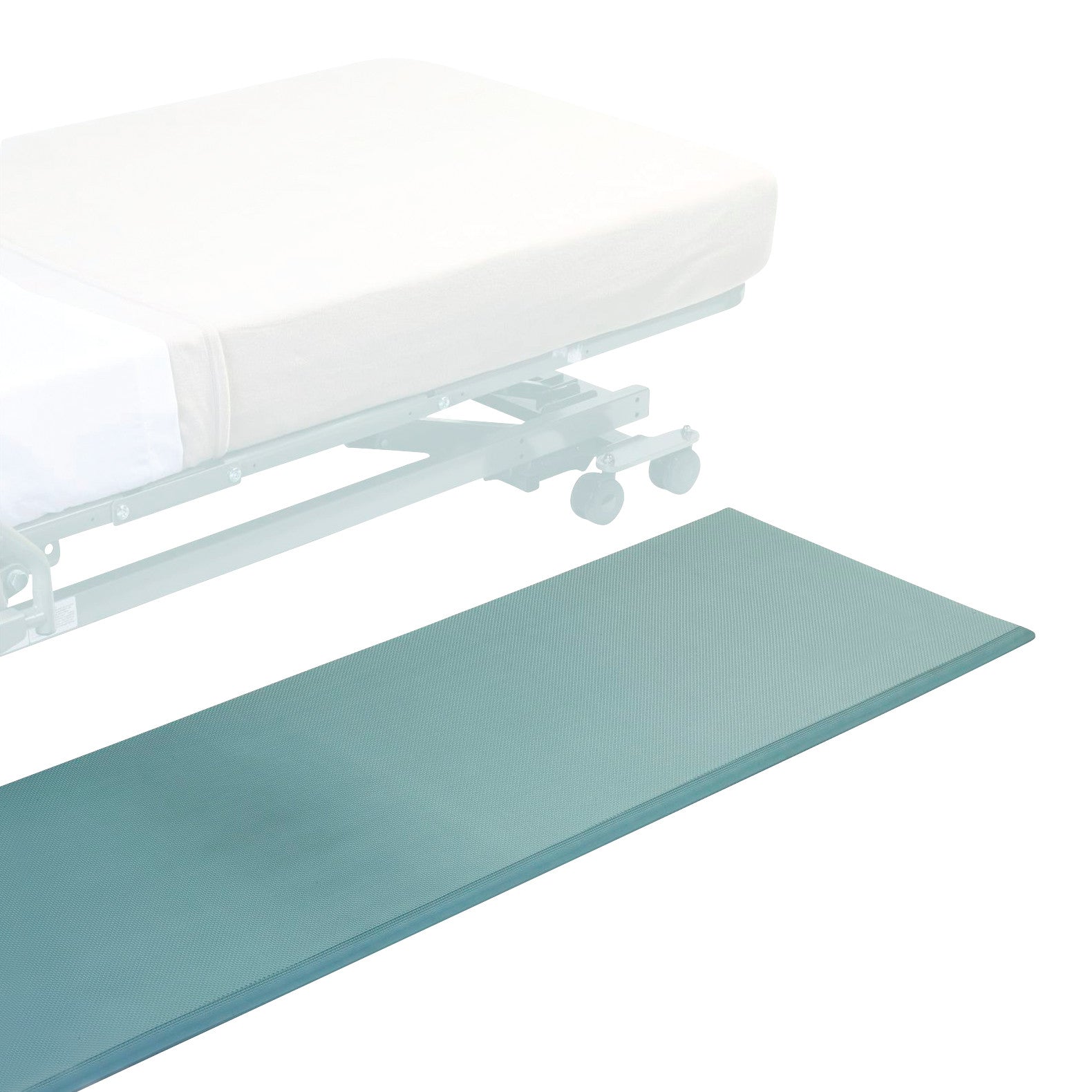 A Risk Manager Bedside Safety Fall Mat is placed next to a partially visible hospital bed, highlighting its use for patient safety.