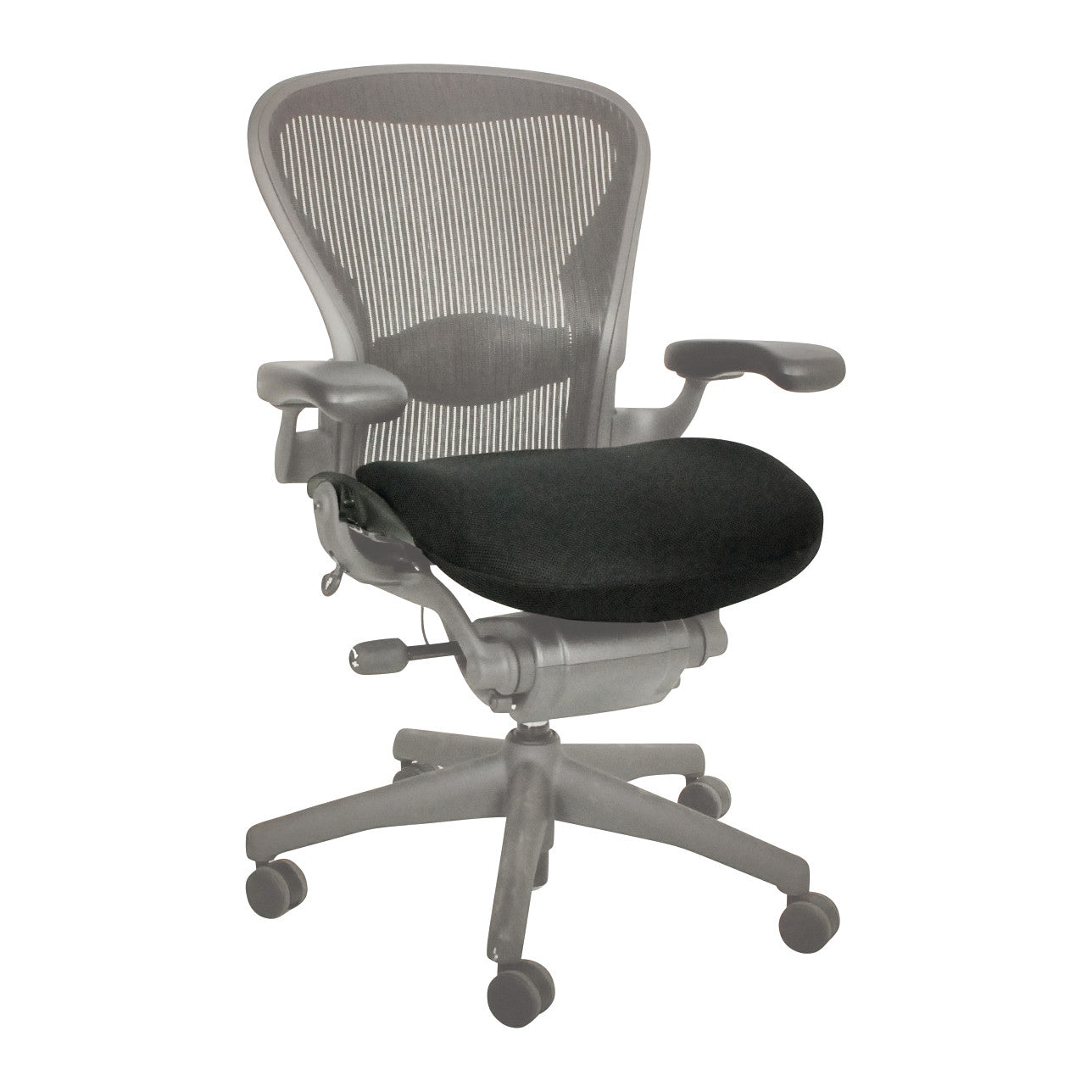 An ergonomic office chair with a mesh backrest and the BodyBilt Stratta Mesh Seat Cushion in black on the seat.