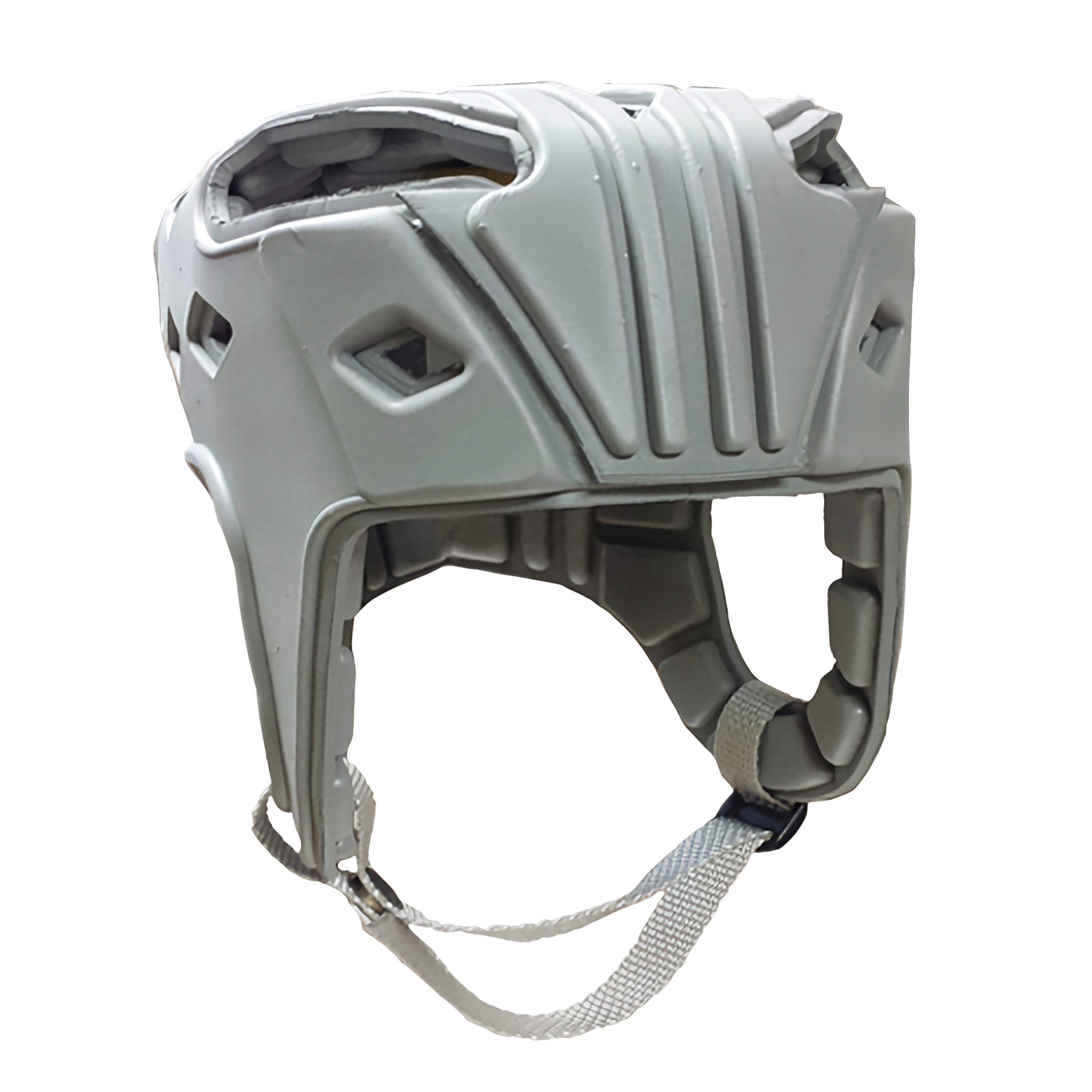 A gray Danmar Products Soft Comfy Cap with padded design, vent openings, and adjustable chin straps for protection.