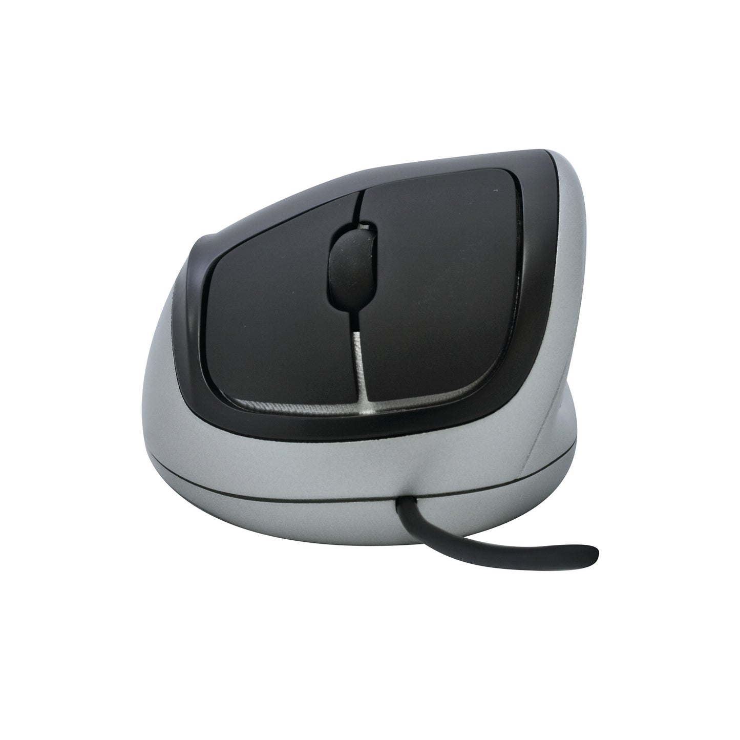 A black and gray ergonomic Goldtouch Comfort Mouse with a vertical design and a visible cable extends from the bottom.