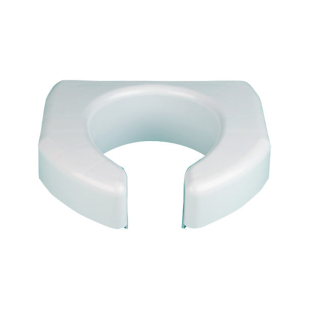 The Basic Open Front Elevated Toilet Seat is white, U-shaped, and designed to provide added height and comfort.