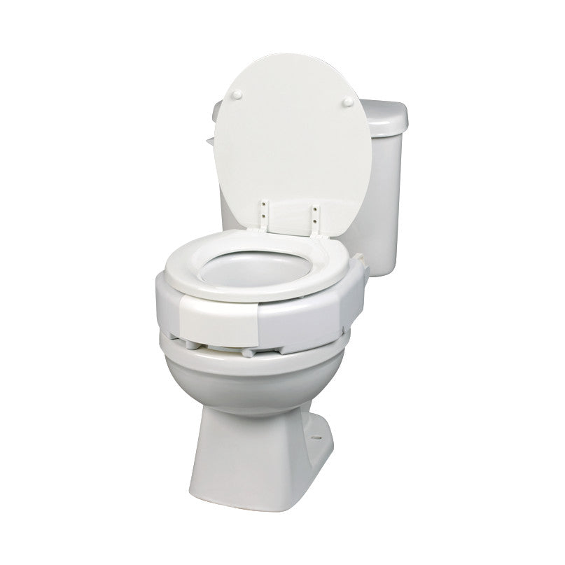 Elevated white toilet seat with Secure-Bolt Hinged design, attached to a standard toilet. The lid is open and raised.