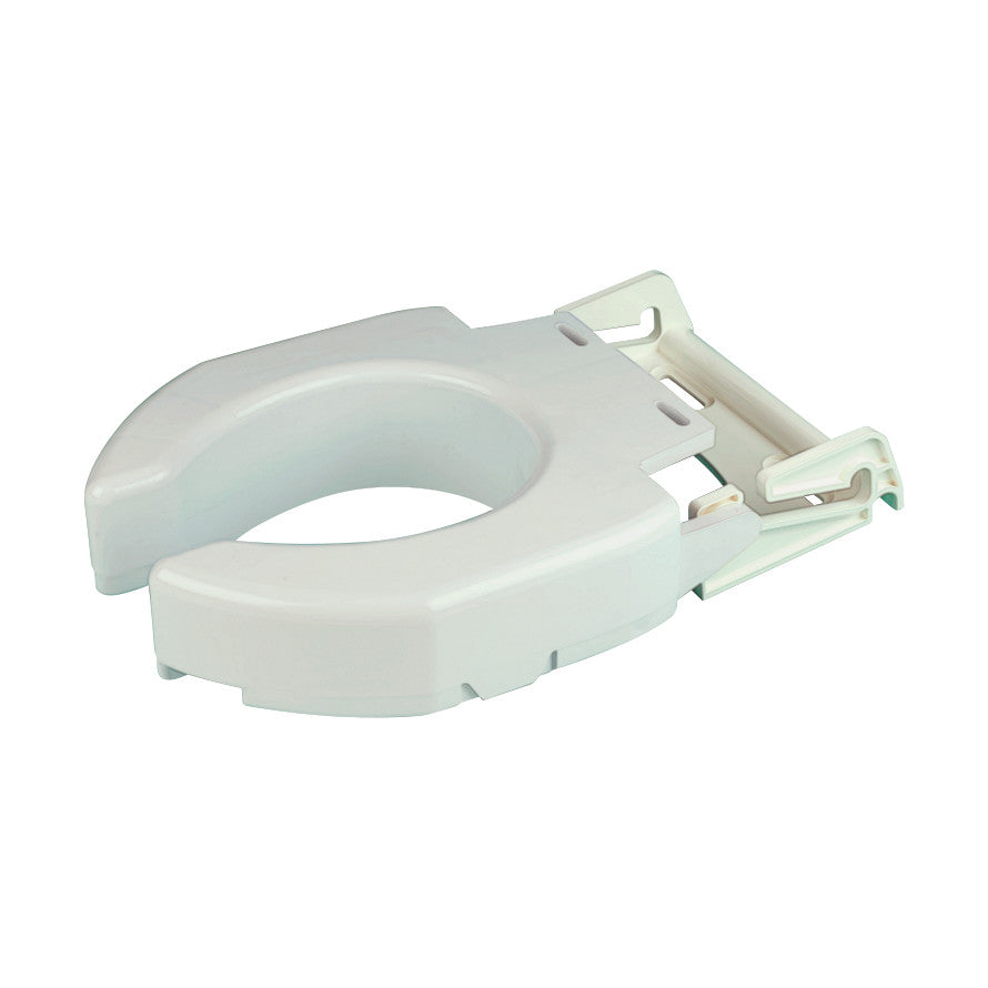 White Secure-Bolt Hinged Elevated Toilet Seat with contoured edges and adjustable brackets for easy attachment.
