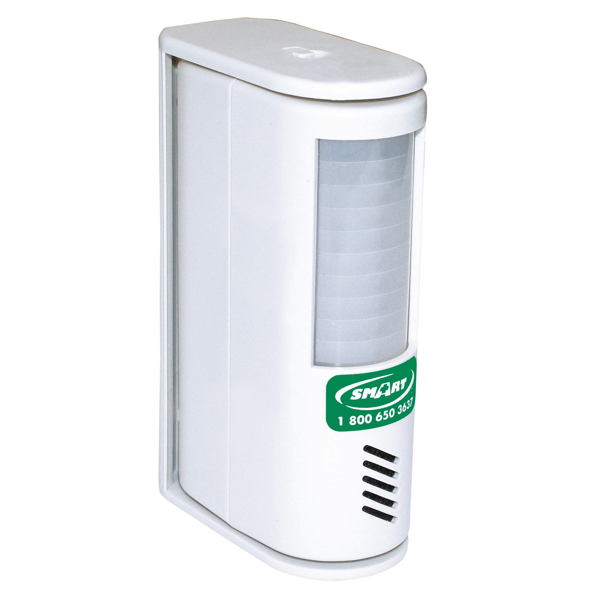 Smart Caregiver Motion Sensor Alarm with a white rectangular design, featuring a curved sensor and a green label on the front.