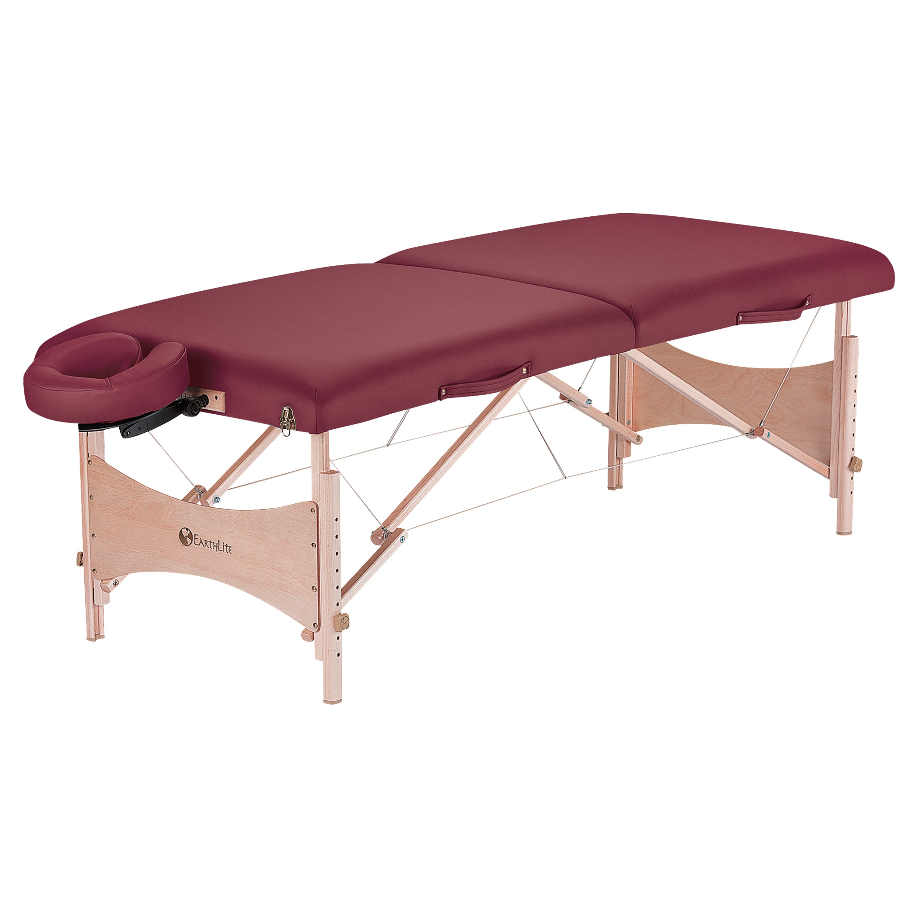 EarthLite Harmony DX Portable Massage Table Package in burgundy with wooden legs, an adjustable headrest, and a face cradle.