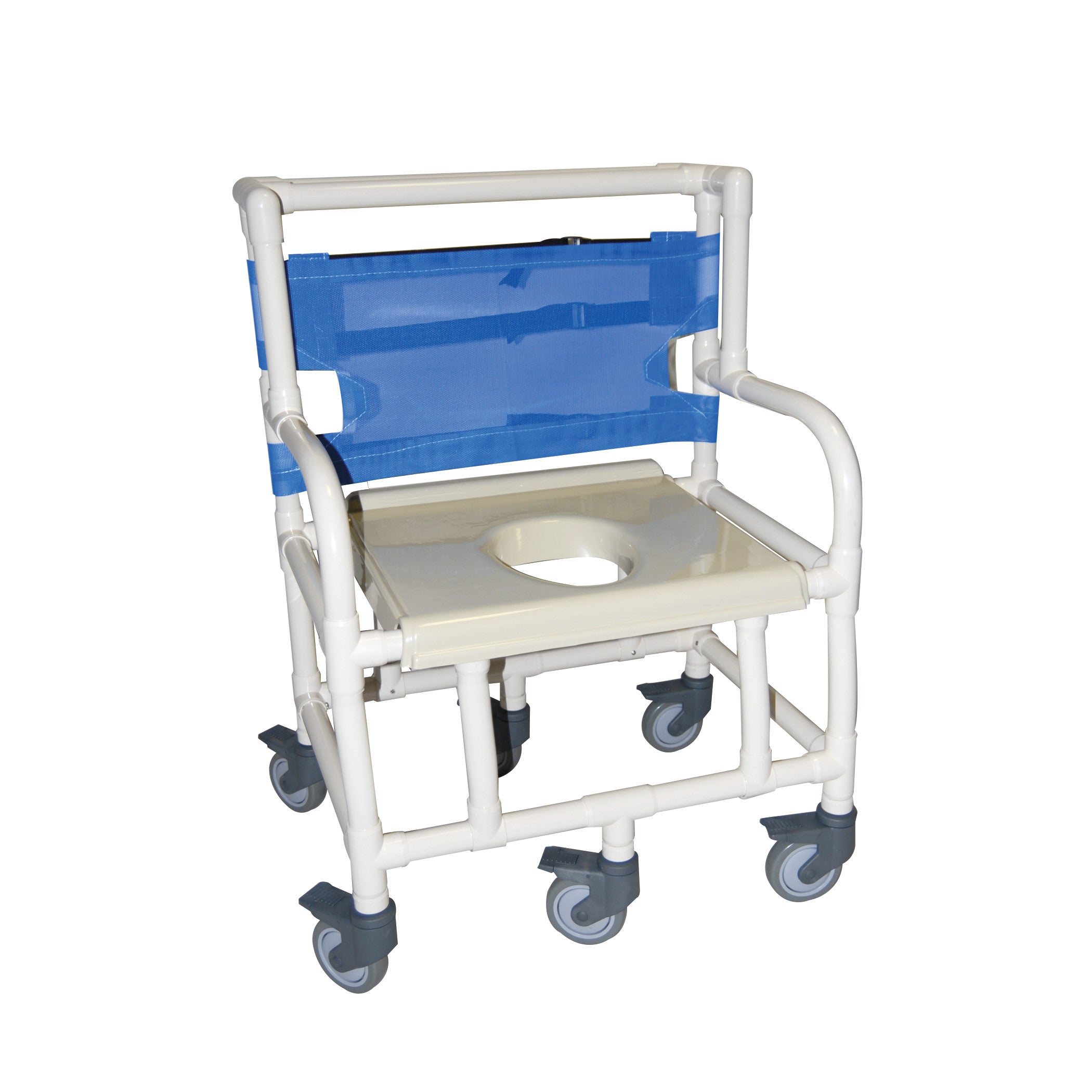 The Healthline Bariatric Extra-Wide Shower Commode Chair with Vacuum Seat has a blue backrest, open seat, and four swivel wheels for mobility.