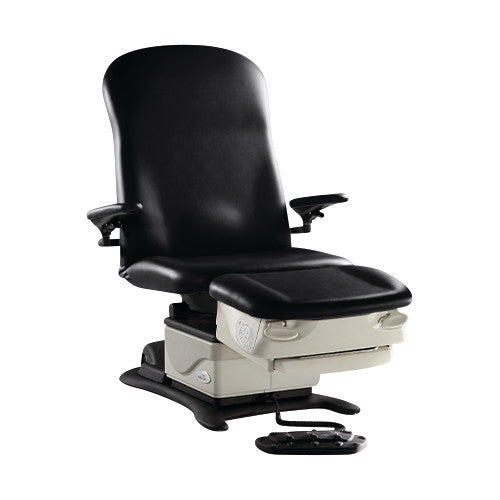 The image features a black Midmark Nonprogrammable Podiatry Procedure Chair, Model 647, with armrests and a foot pedal control.