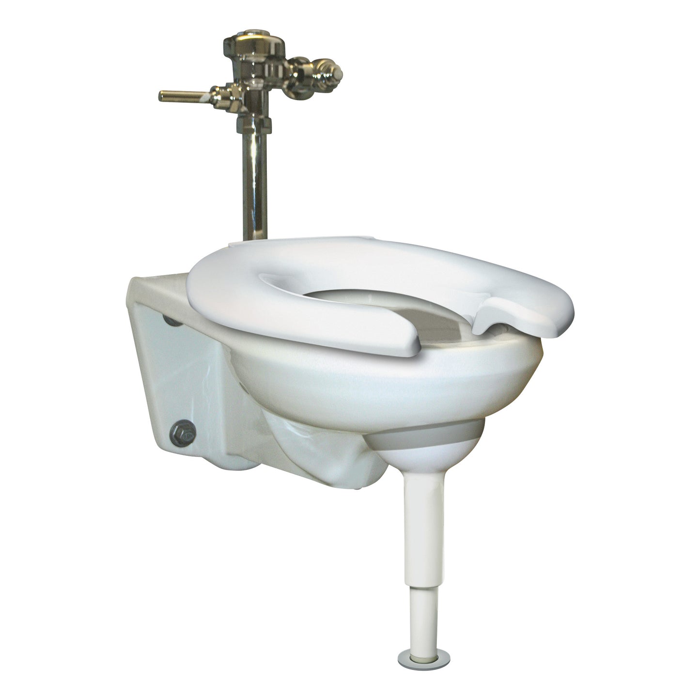 A white "Support Stop Ring for Big John Wall-Mounted Toilet Support" is shown attached to a stainless steel wall-mounted toilet.