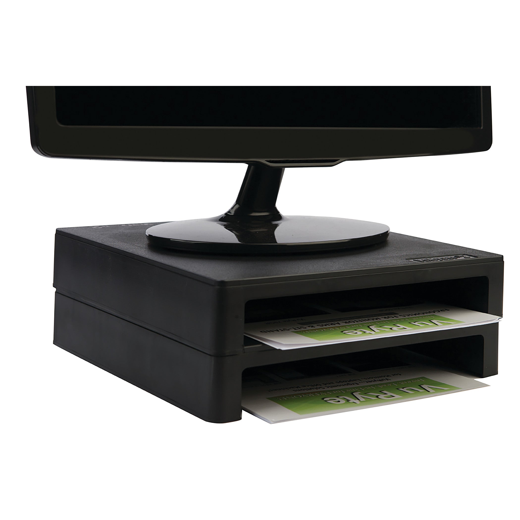 A black VuRyser 2 Monitor Riser elevates a monitor, with two storage slots holding paper.