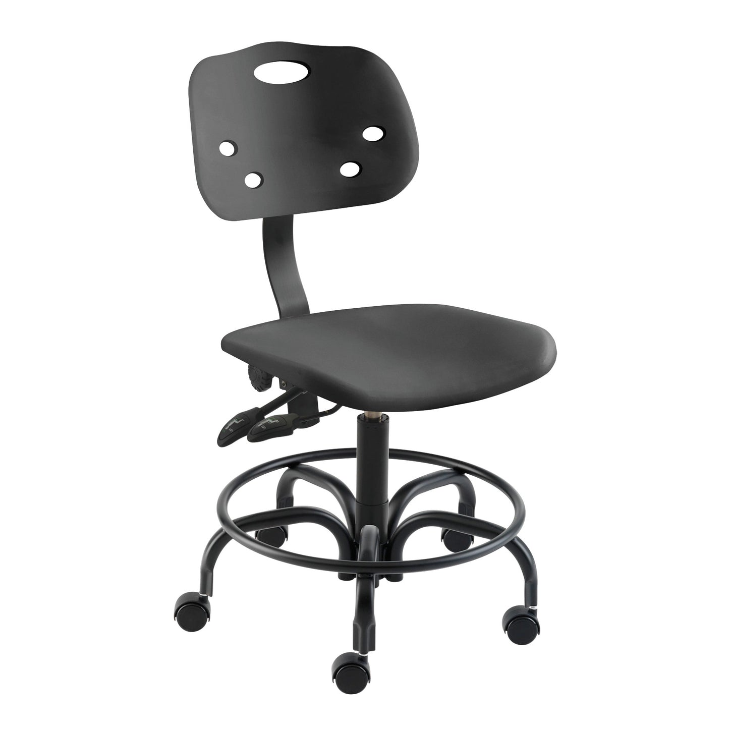 The BioFit ArmorSeat Chair is a black, adjustable office chair with wheels, a perforated backrest, and a circular foot ring.