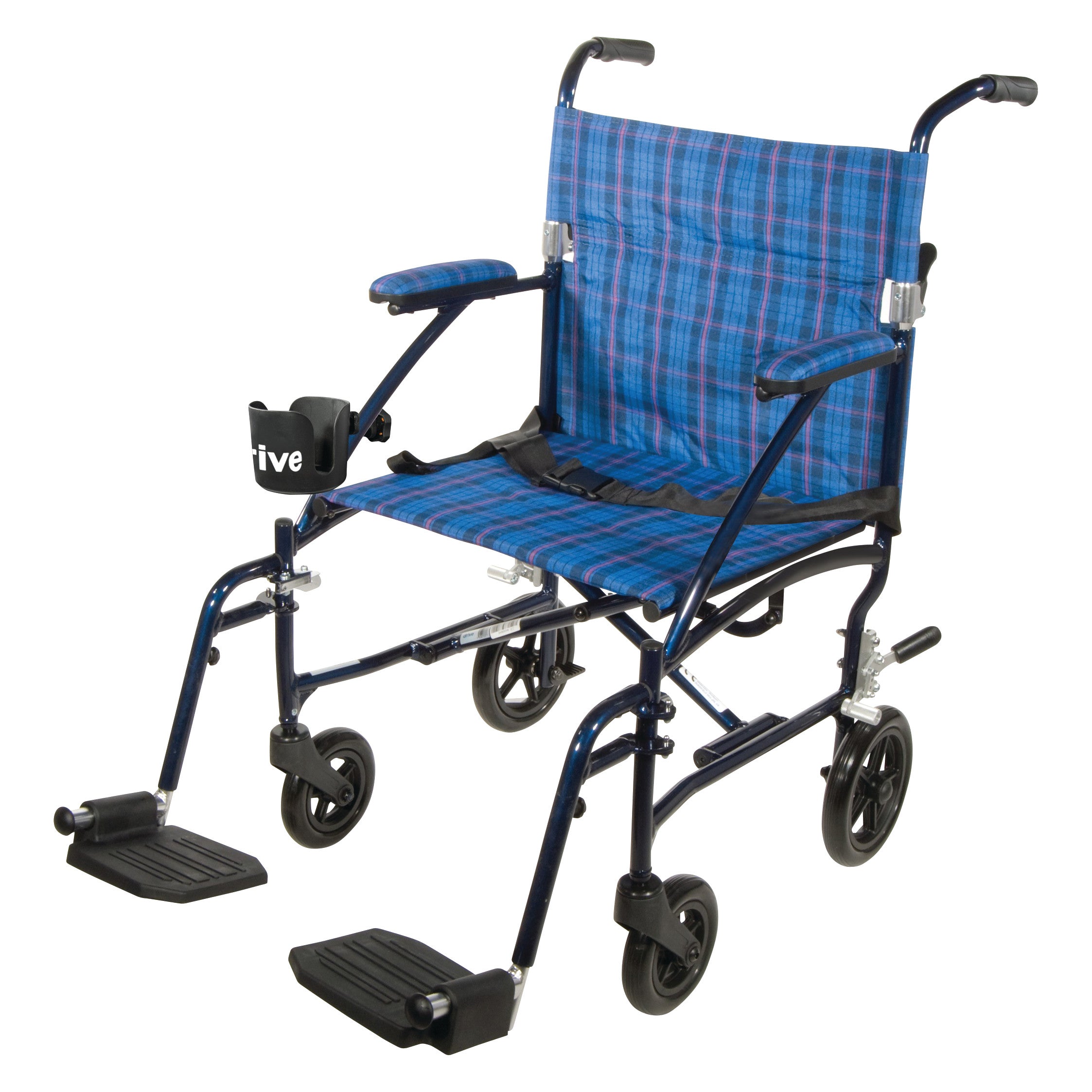 The Drive Medical Fly-Lite Aluminum Transport Chair features a blue plaid seat, black armrests, and detachable leg rests.