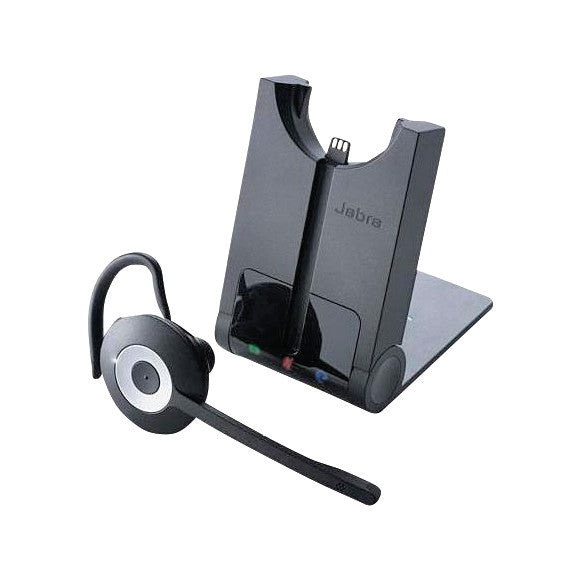 Jabra Pro 920 Wireless Headset with a black base unit, featuring a sleek design and over-the-ear style earpiece with microphone.