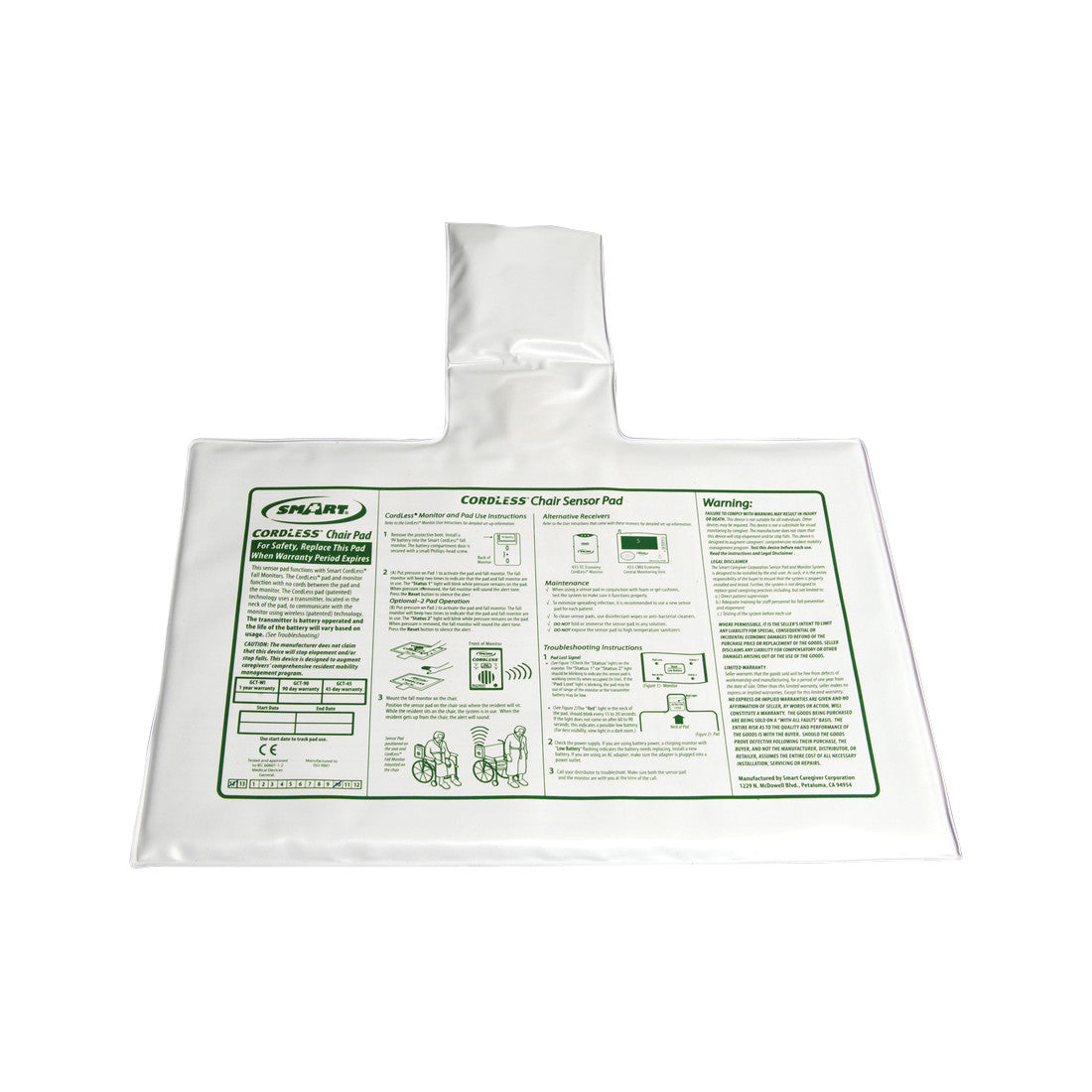 Smart Caregiver CordLess Chair Sensor Pad with printed instructions in green, designed for monitoring patient safety in chairs.