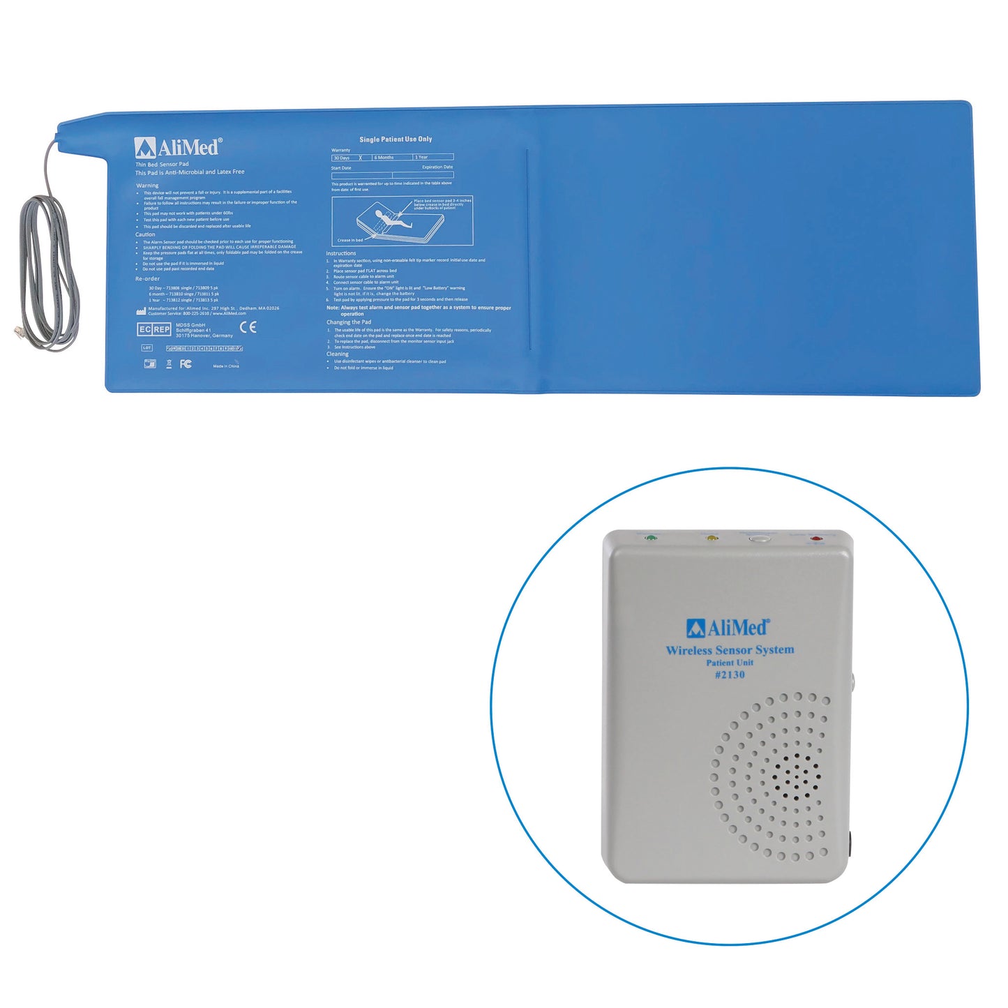AliMed Patient Alarm/Transmitter Unit with Bed Sensor Pad includes a blue sensor pad and a wireless monitoring device.