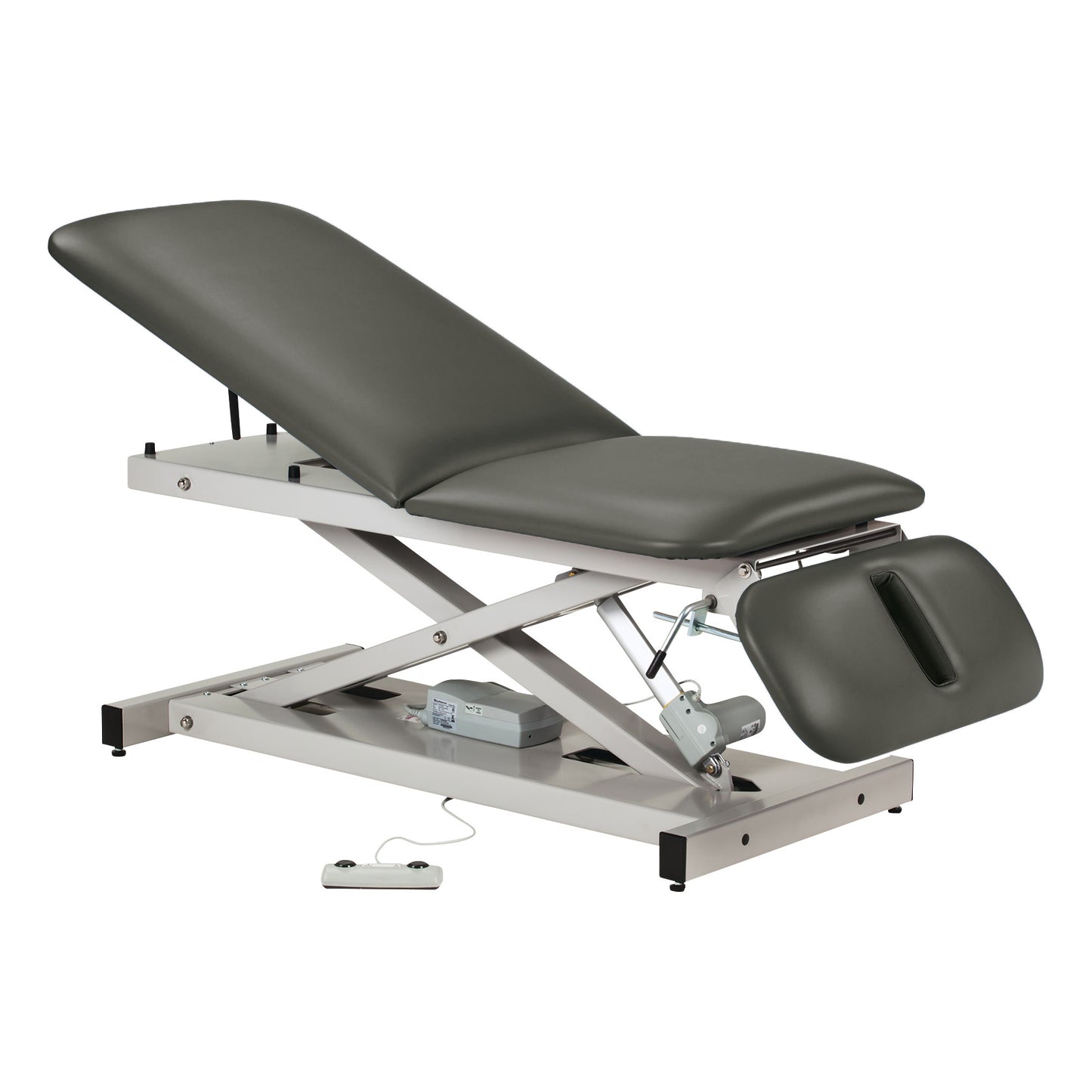 Clinton Power 500 Open Base Table features adjustable positions with a padded surface and a control remote for height adjustments.