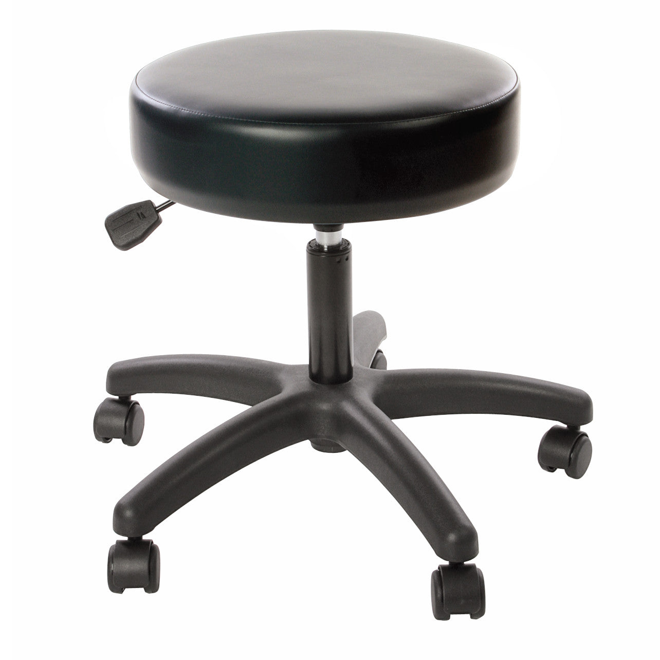 AliMed All-Purpose Stool with Safe-Brake Casters features a round, black padded seat and a five-wheel base for mobility.