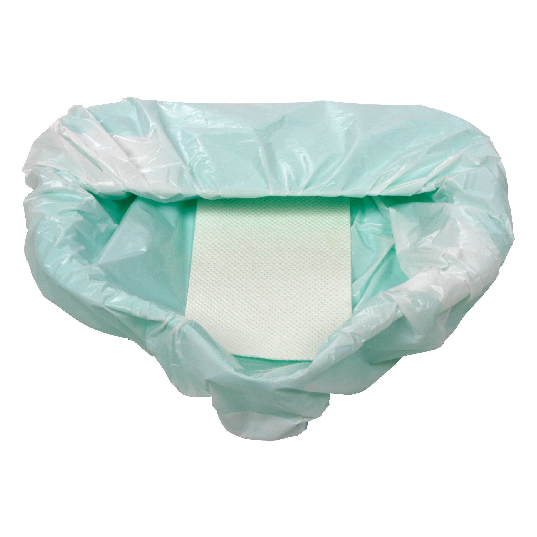 CareBag Bedpan Liner with absorbent pad inside, featuring a light green plastic material and white absorbent inner lining.
