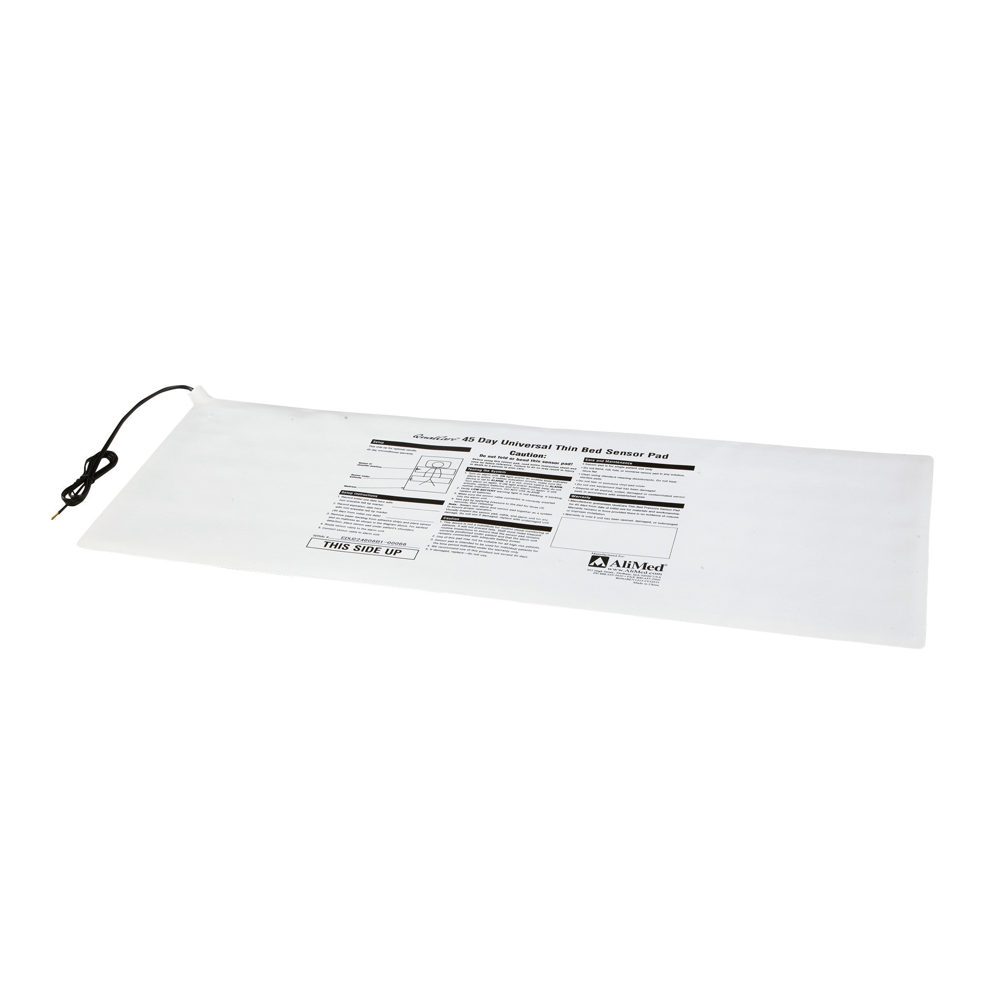 A rectangular AliMed QualCare Replacement Corded Bed Sensor Pad for SkiL-Care Alarms on a white background with printed instructions.