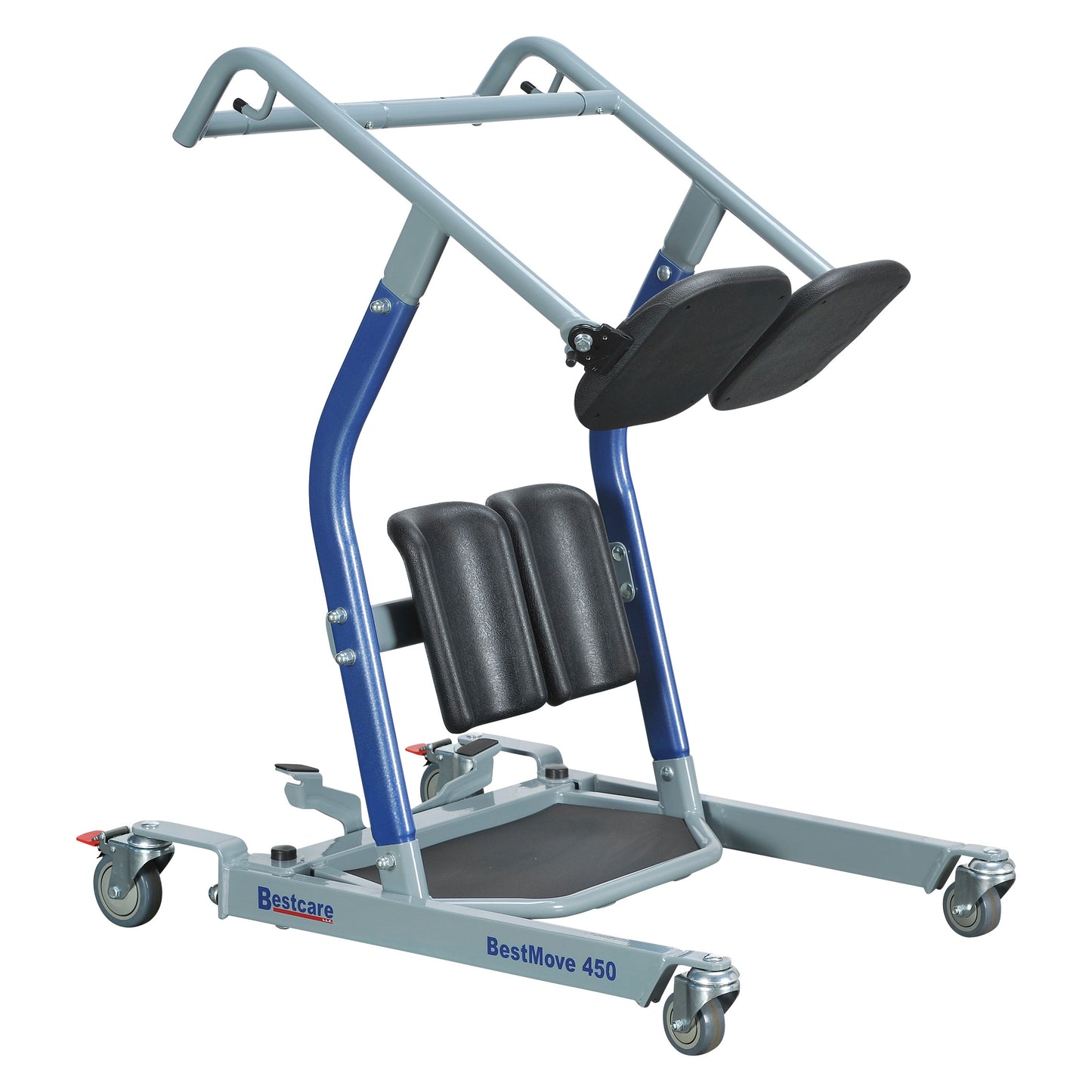 A Bestcare BestMove Standing Transfer Aid, featuring a sturdy frame, wheels, knee pads, and a platform for safely assisting patient transfers.