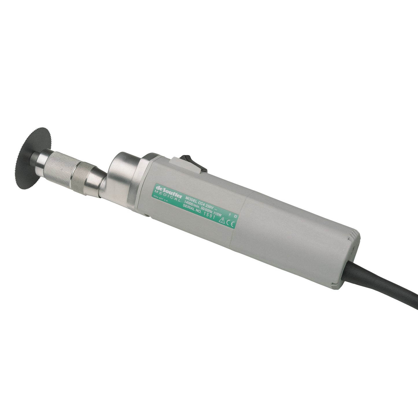 The DeSoutter CleanCast CC4 High-Power Cast Saw is a medical device with a circular blade and a corded handle.