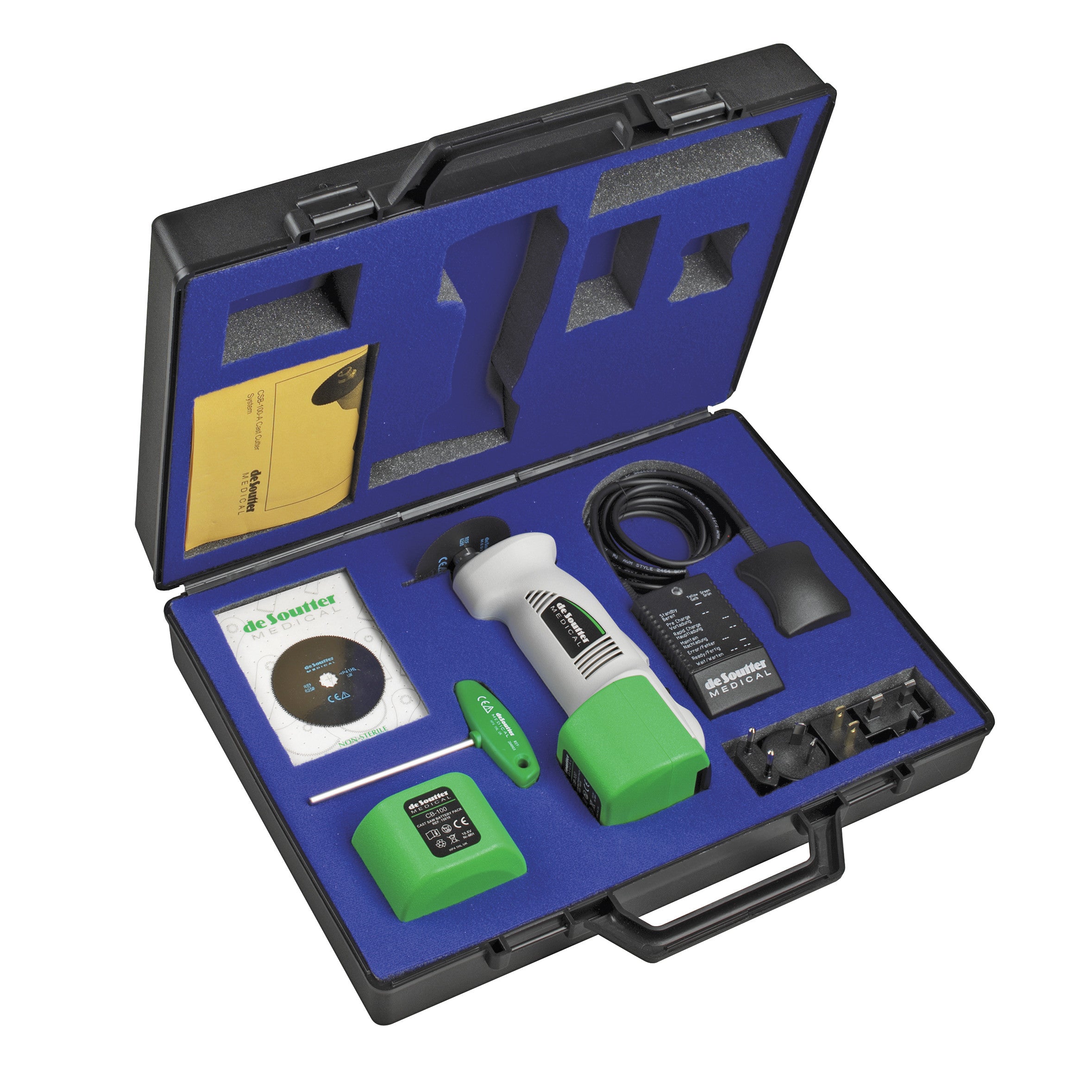 DeSoutter CleanCast CSB-100A Cordless High-Power Cast Saw System in a case with accessories, including a saw, charger, and manual.