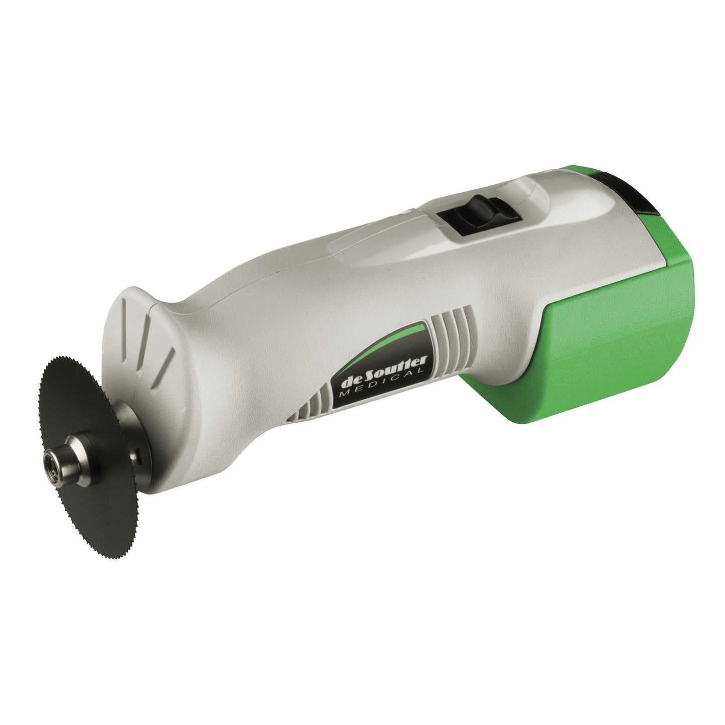 DeSoutter CleanCast CSB-100A Cordless High-Power Cast Saw System with a black circular blade and green battery compartment.