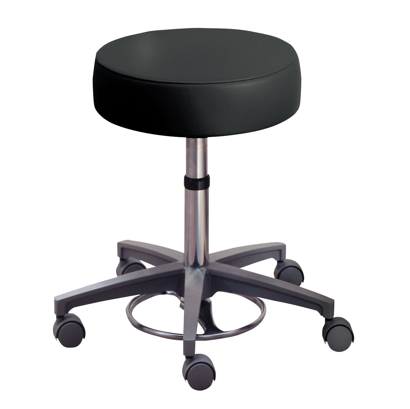 AliMed Foot-Operated Adjustable Stool with Safe-Brake Casters, featuring a round black cushioned seat and a silver five-wheel base.