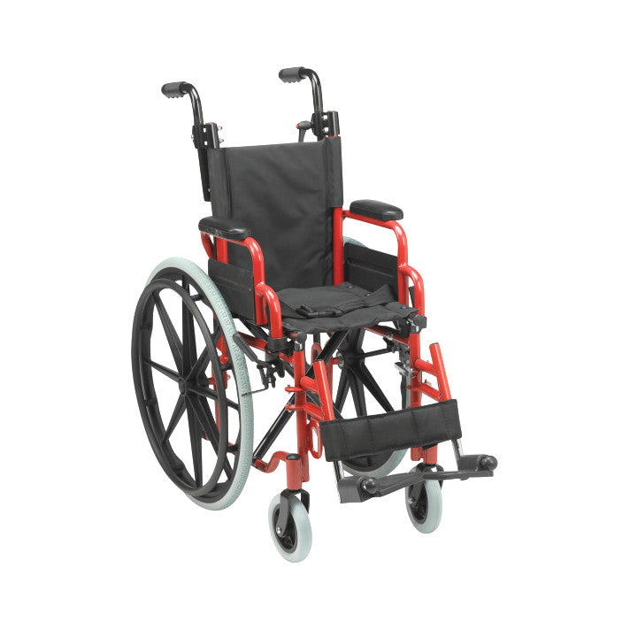 Drive Medical Wallaby Pediatric Wheelchair with a red frame, black seat, and large rear wheels, designed for children.