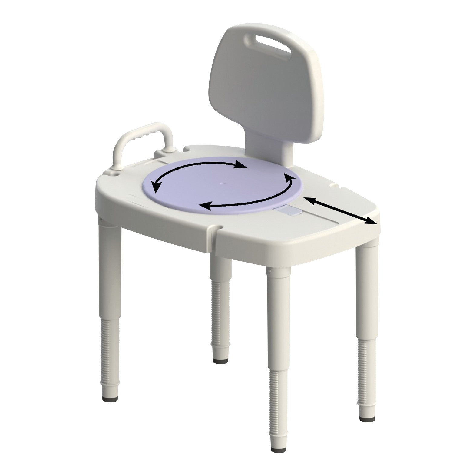 Sliding-Rotating Transfer Bench with a backrest, handle, and adjustable legs, featuring a circular seat with directional arrows.