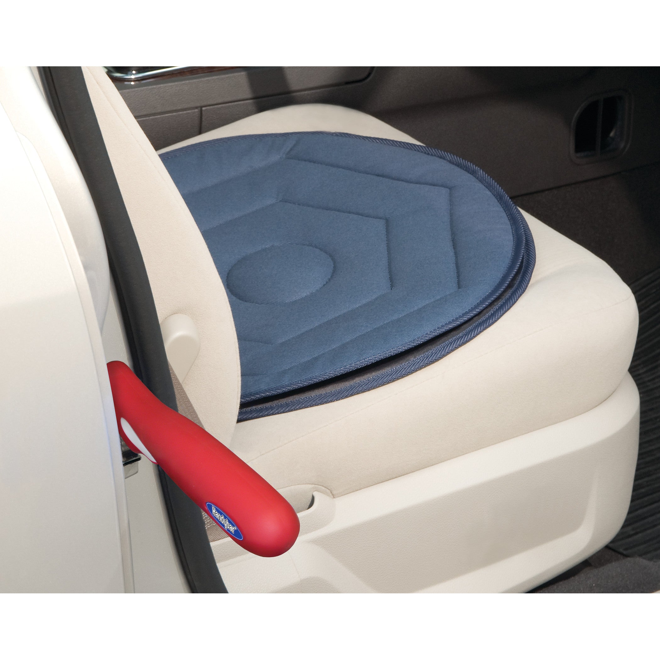 A car seat with a blue cushion and a red support handle labeled "Automobility Solution" attached to the door frame.